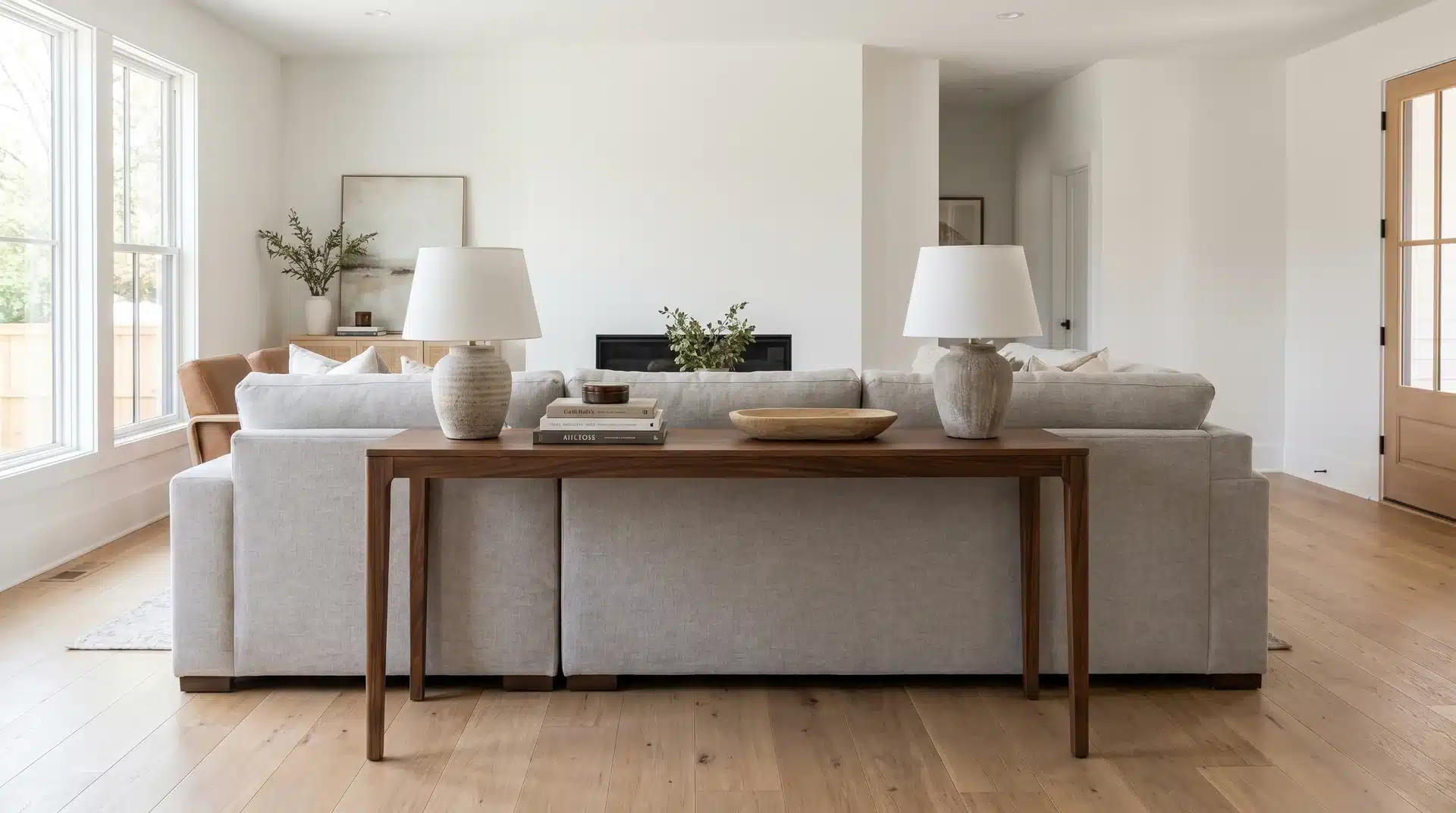 Wooden console table styled behind a light grey sofa with two white table lamps, decorative bowls, and books.
