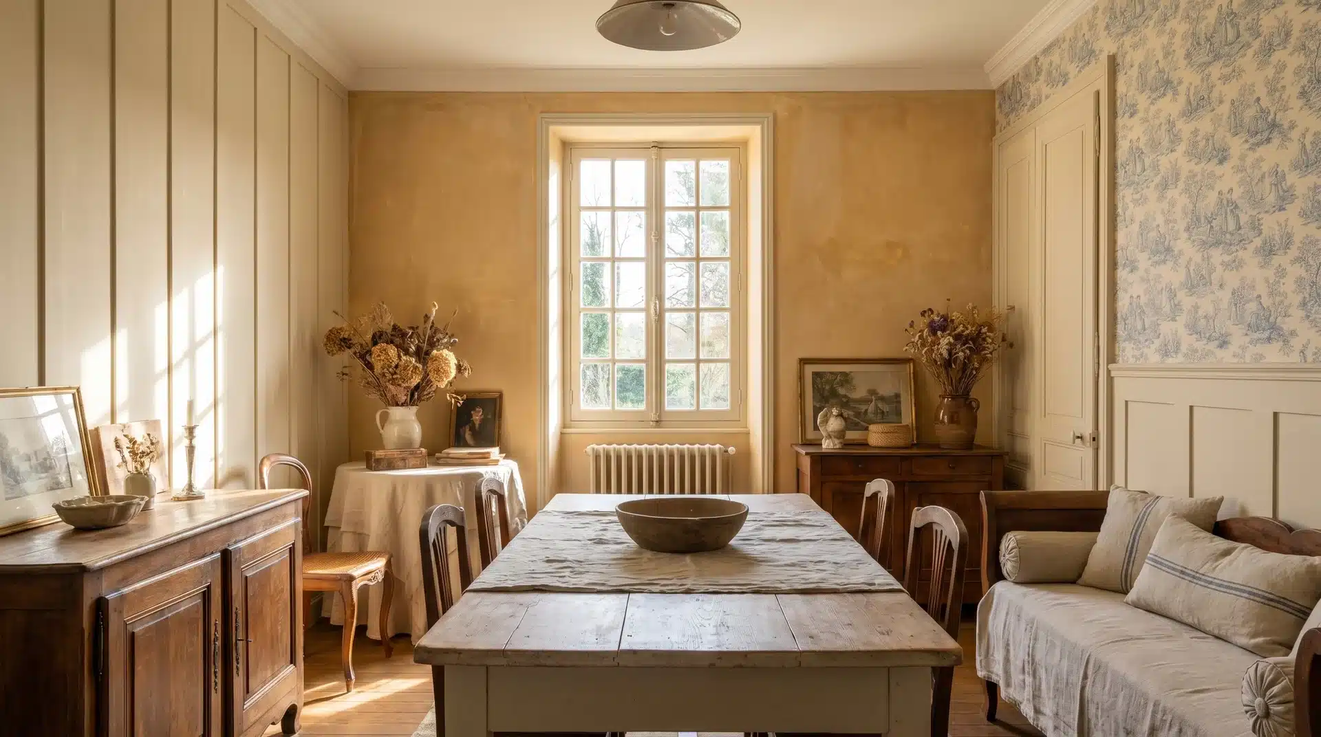 Elegant French country dining room with soft wall tones and rustic wood accents.