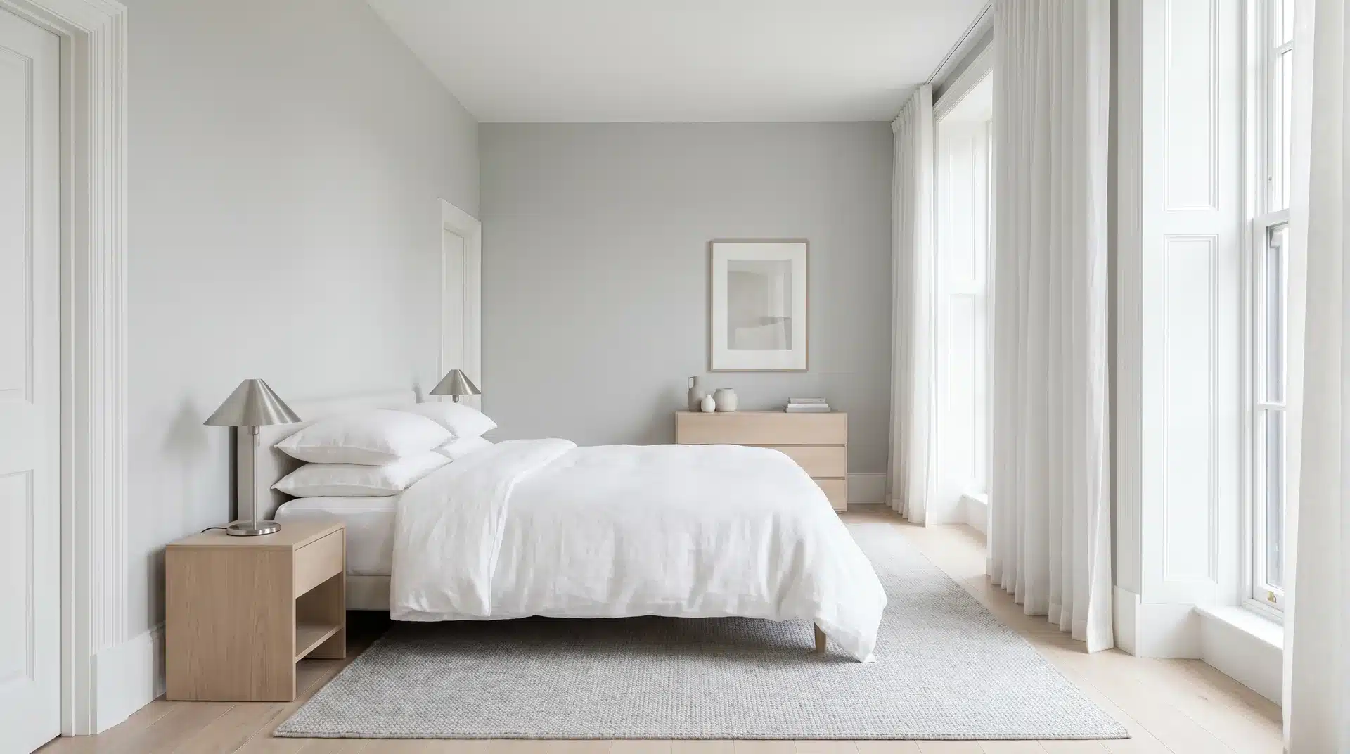 Soft gray bedroom with a white bed, crisp white bedding, pale wood nightstands, and sheer white curtains letting in natural light.