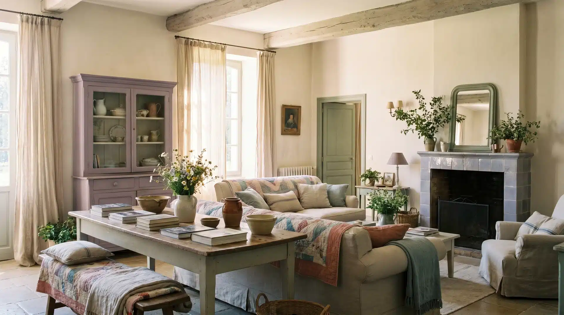 French country living room with soft muted tones, rustic beams, cozy sofa, and natural decor.