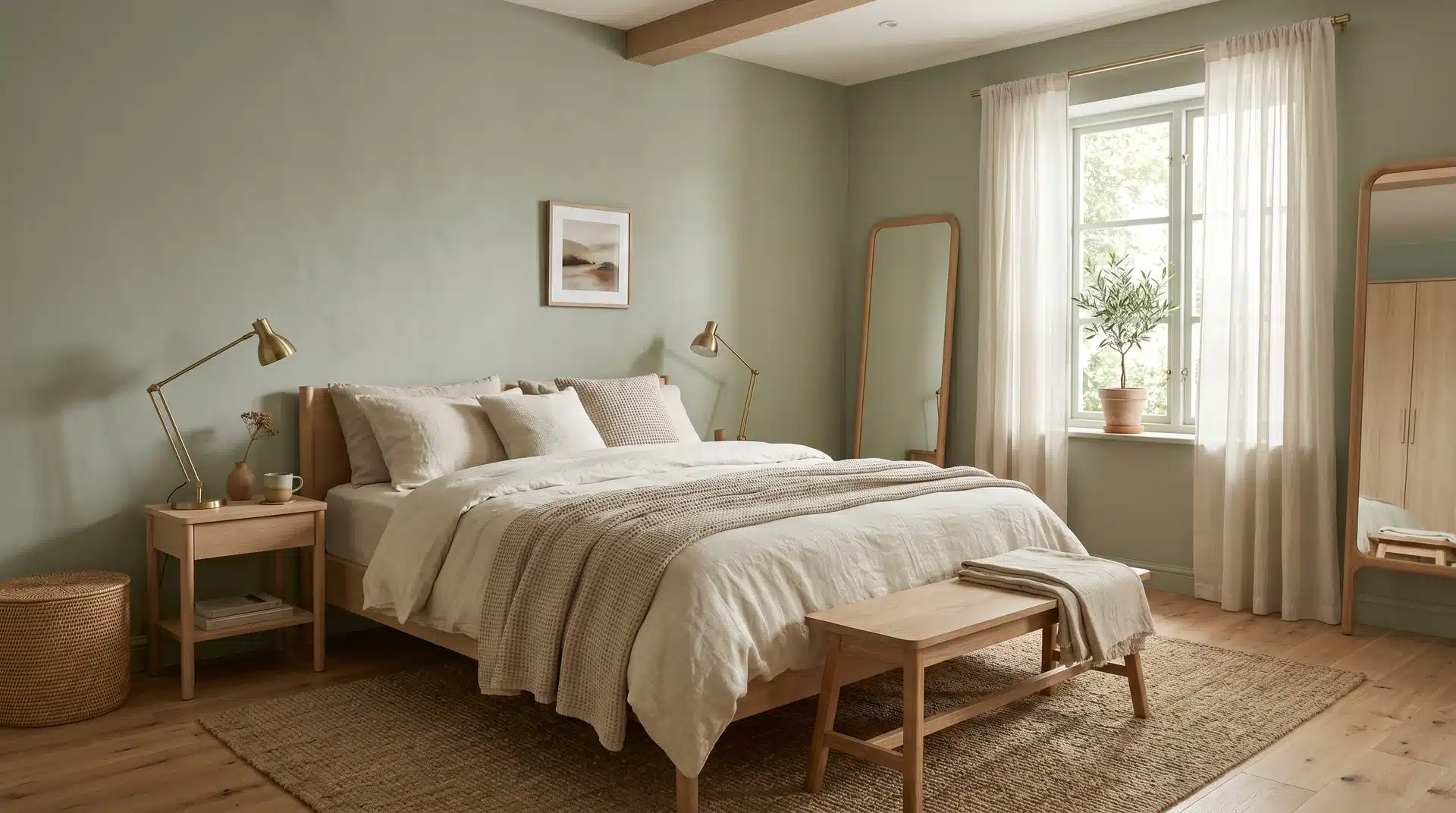 Minimalist bedroom with soft sage green walls, a low-profile wooden bed with cream bedding, and a wooden bench.