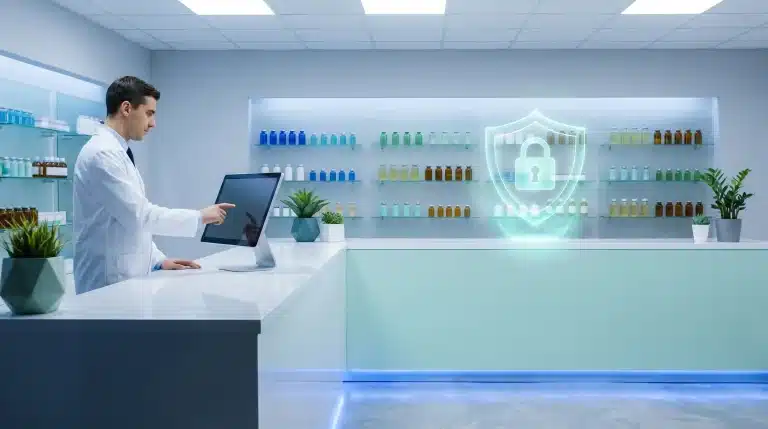 Man in lab coat using touchscreen in modern pharmacy with digital security icon display