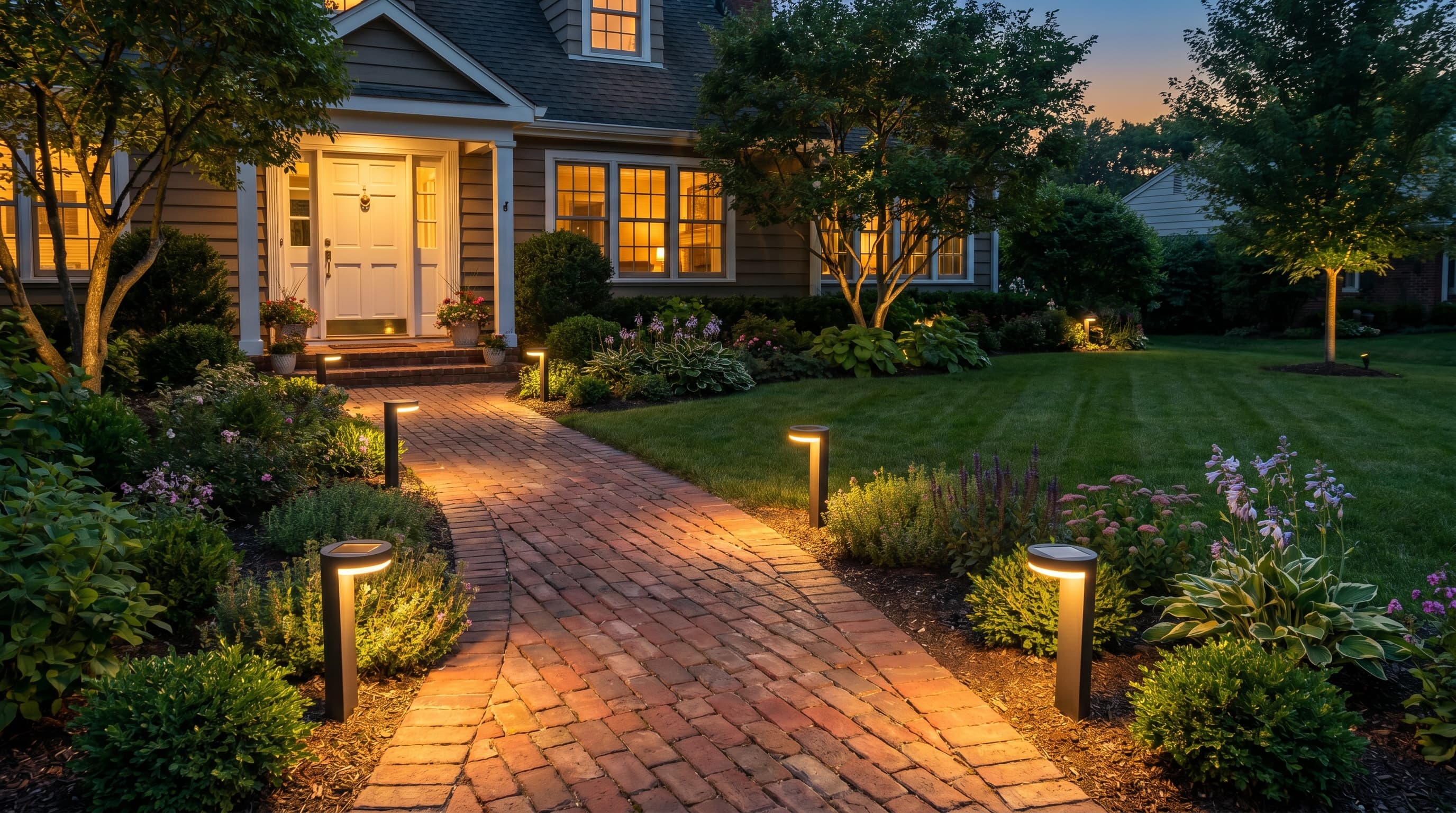 Front porch curb appeal ideas with solar path lights lining a brick walkway leading to a white front door at dusk.