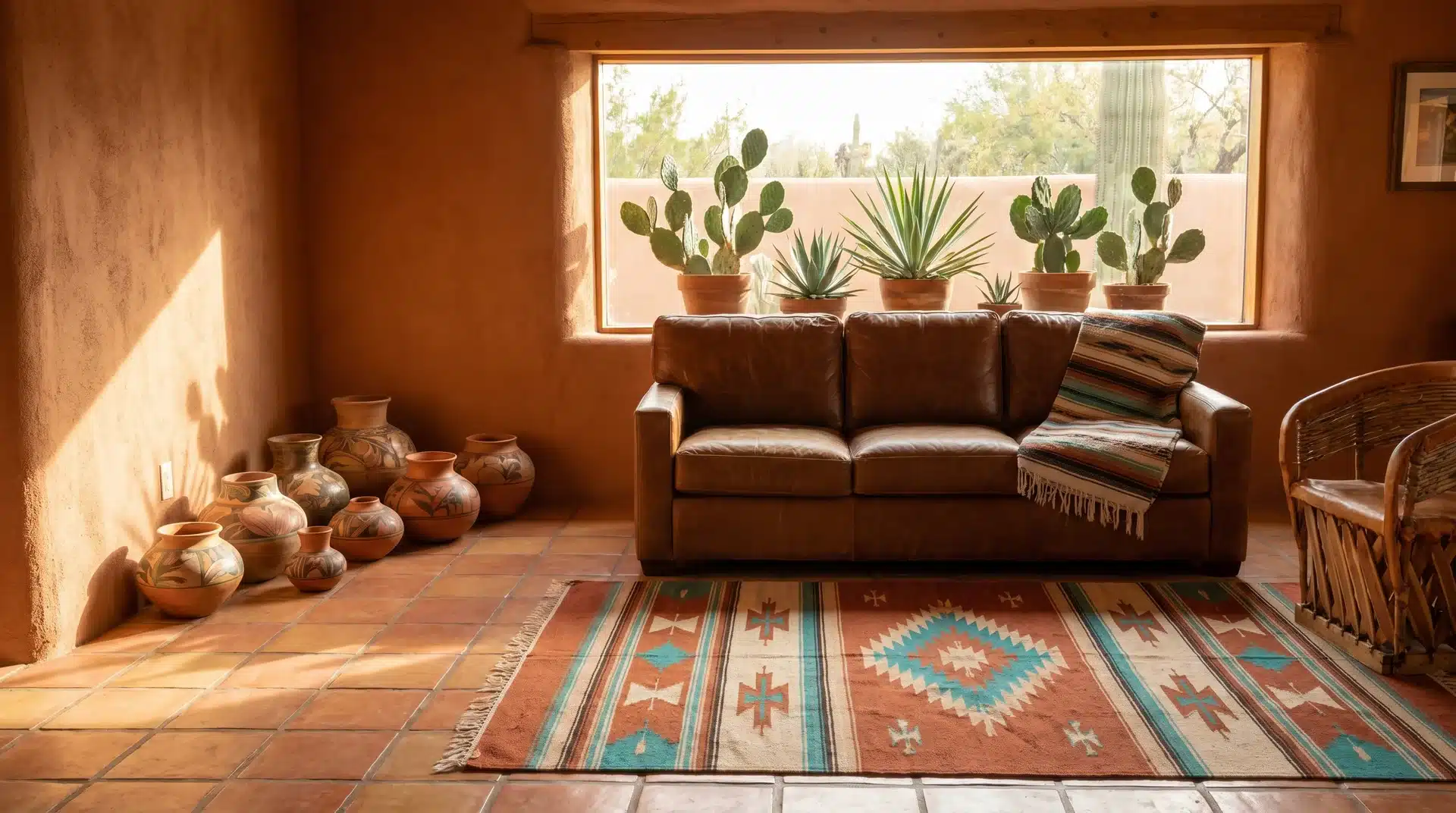 Southwestern living room with a brown leather sofa, geometric Navajo print rug, adobe-style walls, and potted cacti.