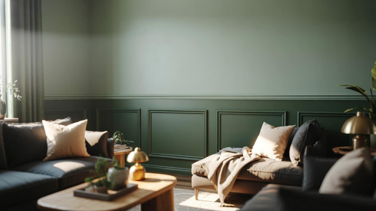 Living room with a two-tone wall split at chair-rail height, darker green below and lighter dusty sage above, separated by flat trim, featuring cozy furniture and natural light.