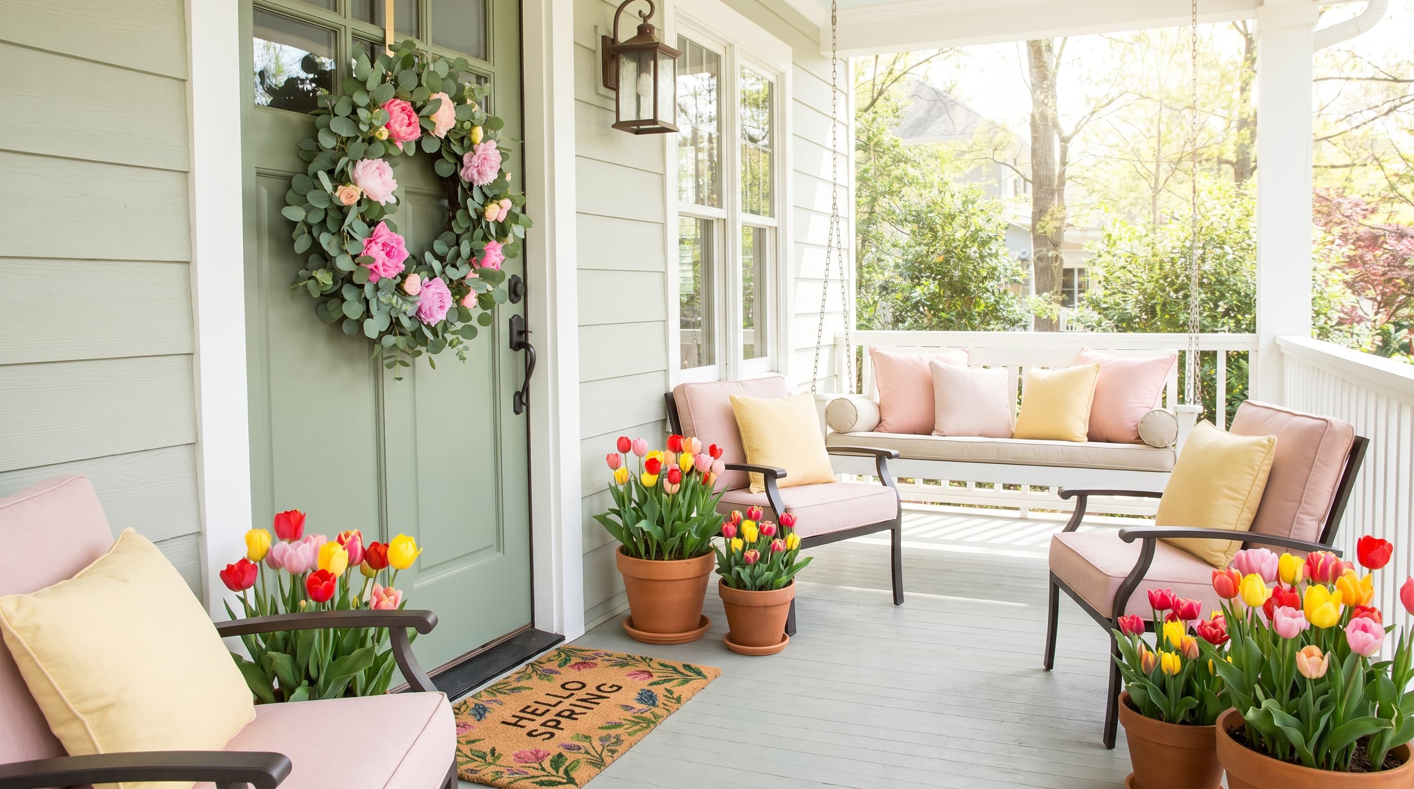 Spring front porch decorating ideas with a full floral wreath, pastel cushions, potted tulips, and a floral coir doormat.
