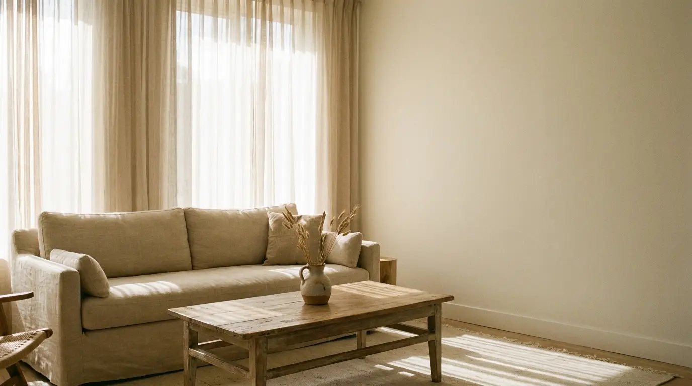 Beige sofa with wooden coffee table in sunlit living room with sheer curtains