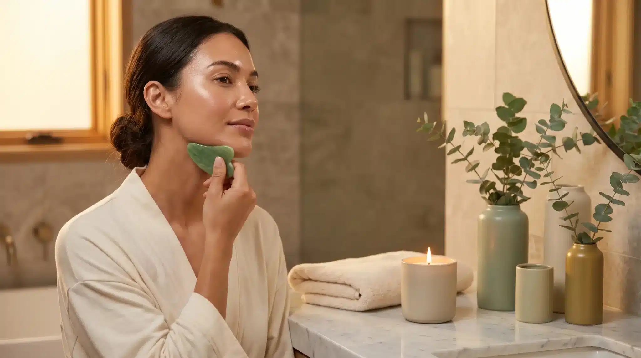 Woman using jade roller on face in serene bathroom setting with lit candle and green vases