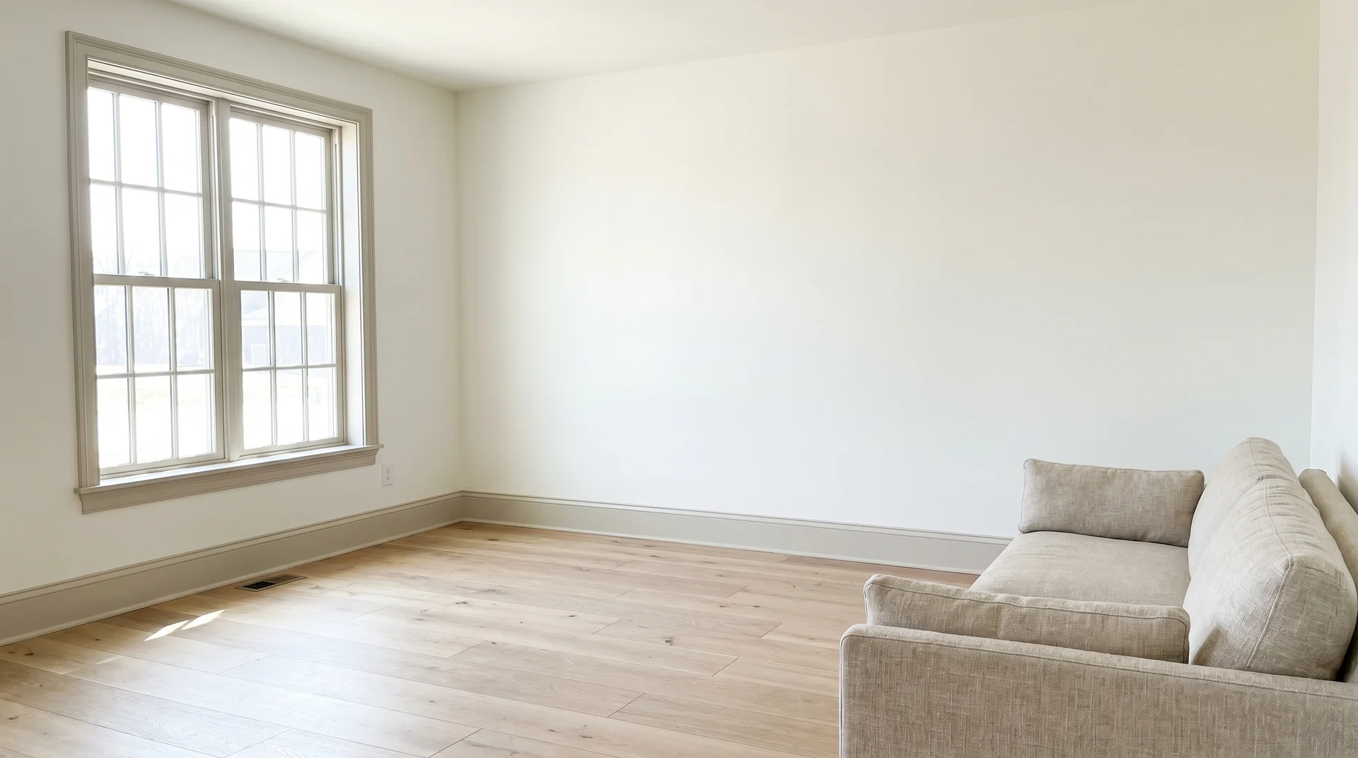 An empty room with warm white walls, light wood flooring, a large grid window, and a corner of a grey sectional sofa.