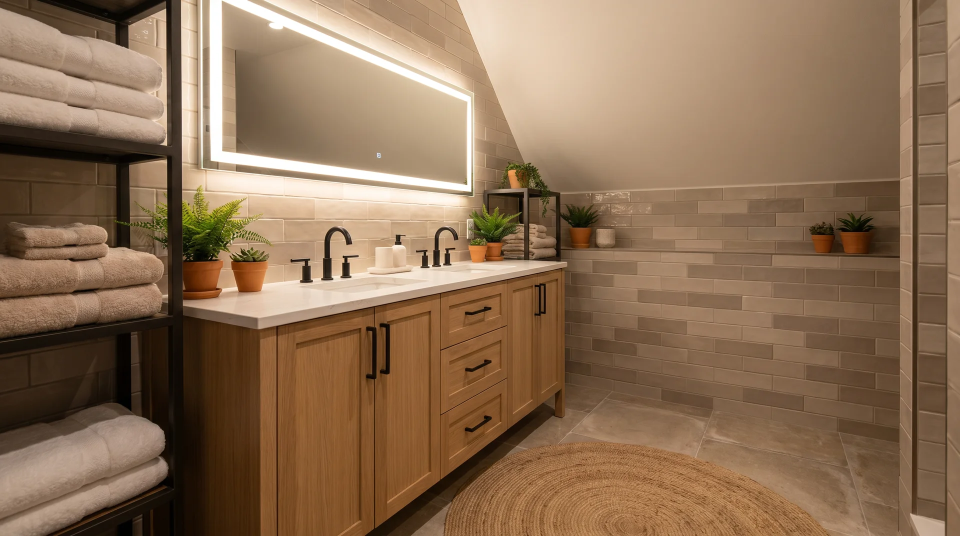 Bathroom with wooden vanity, black fixtures, and round illuminated mirror.