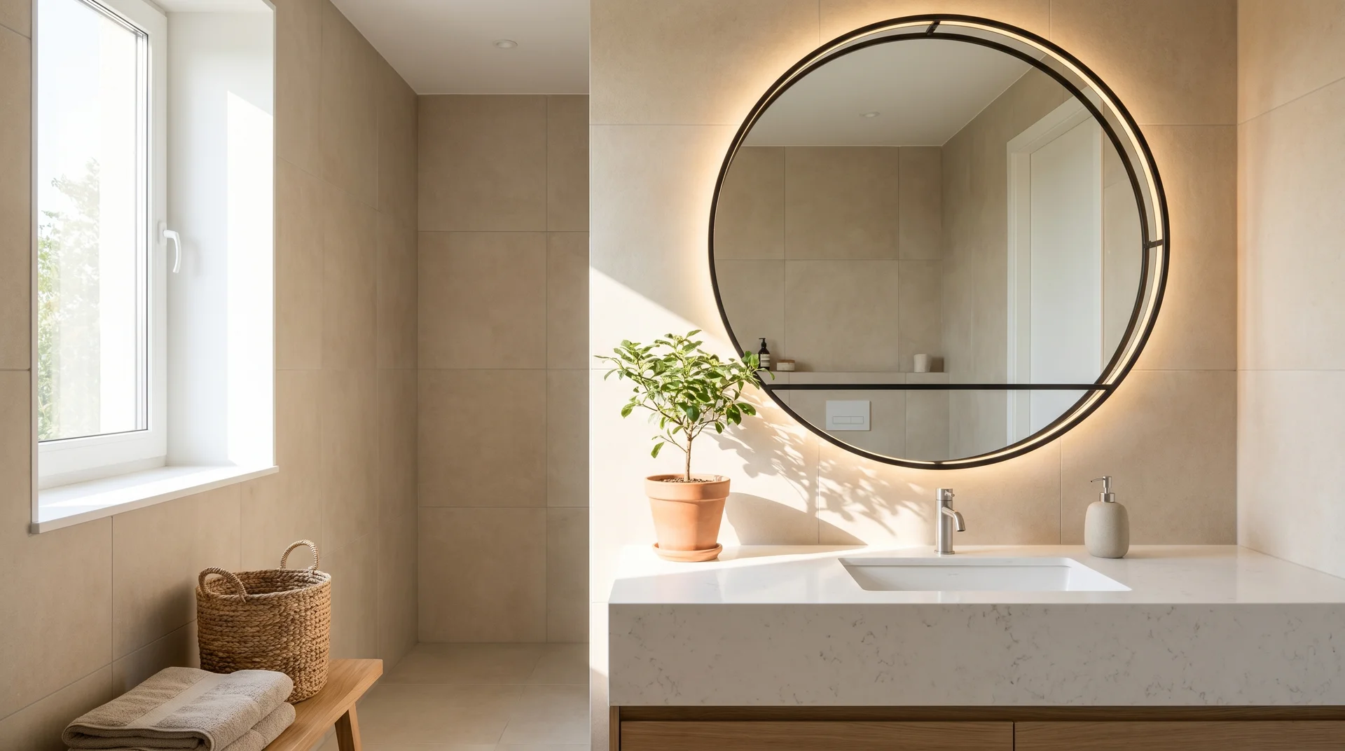 Bathroom with large round backlit mirror, neutral tiles, and wooden vanity.