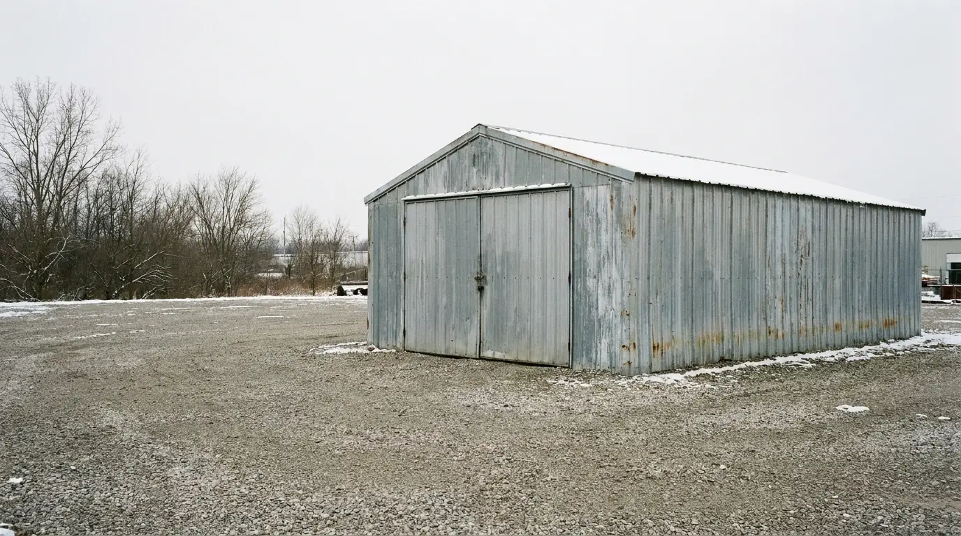 Metal shed on gravel lot with bare trees and light snow in overcast outdoor setting