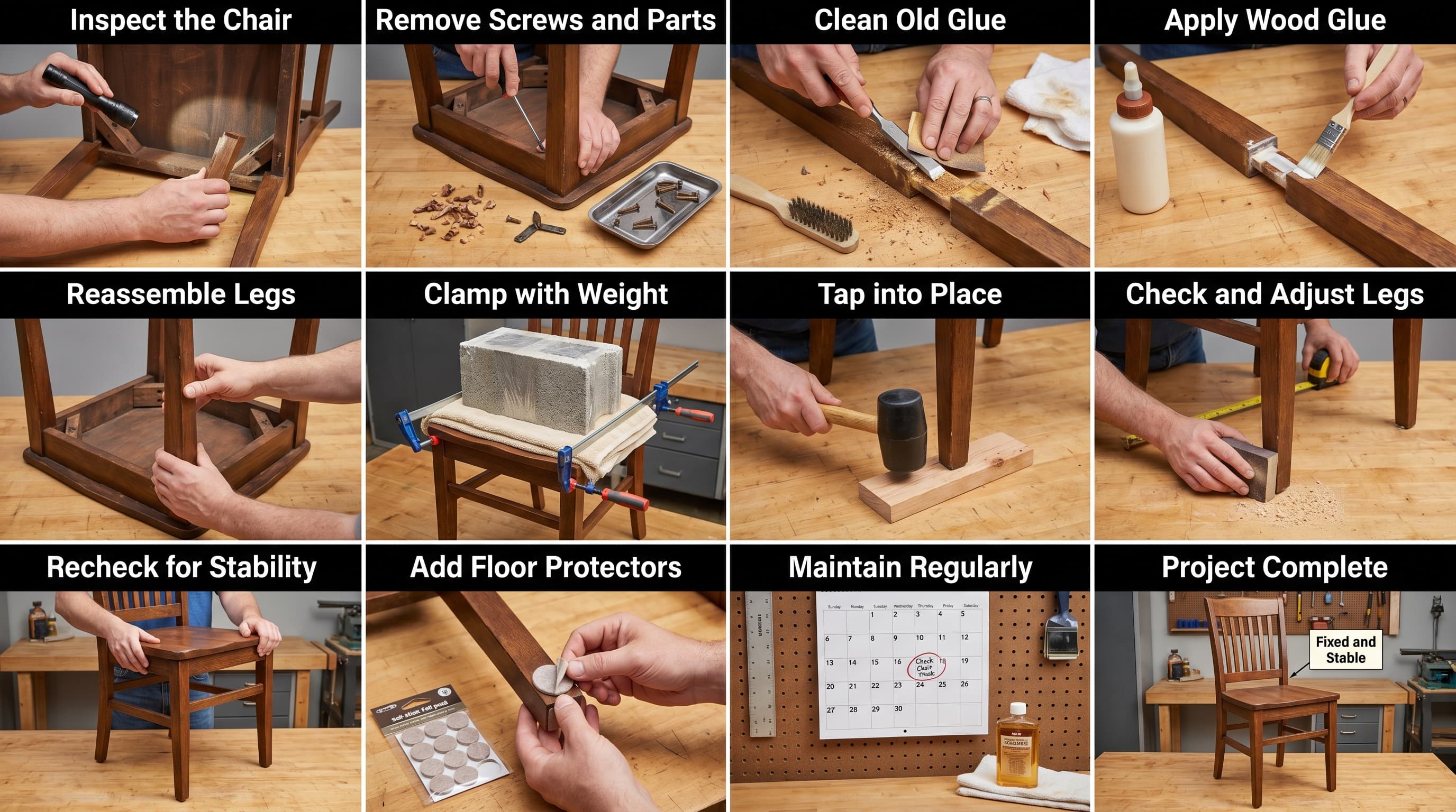 “Clean instructional infographic showing a step-by-step guide to fixing a wobbly wooden chair, including inspecting, disassembling, cleaning old glue, applying wood glue, reassembling legs, clamping for pressure