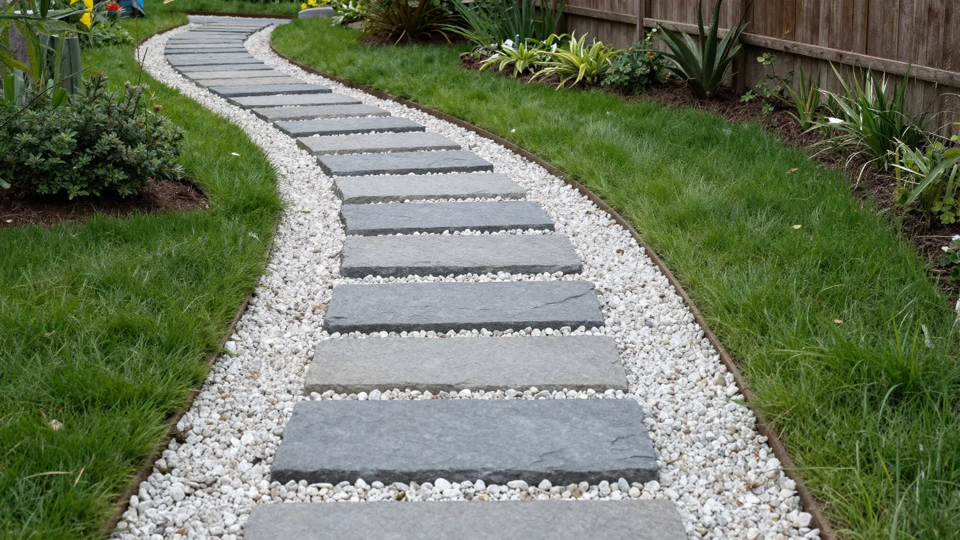 A winding path of rectangular slate stepping stones set in white gravel, flanked by green grass and garden beds.