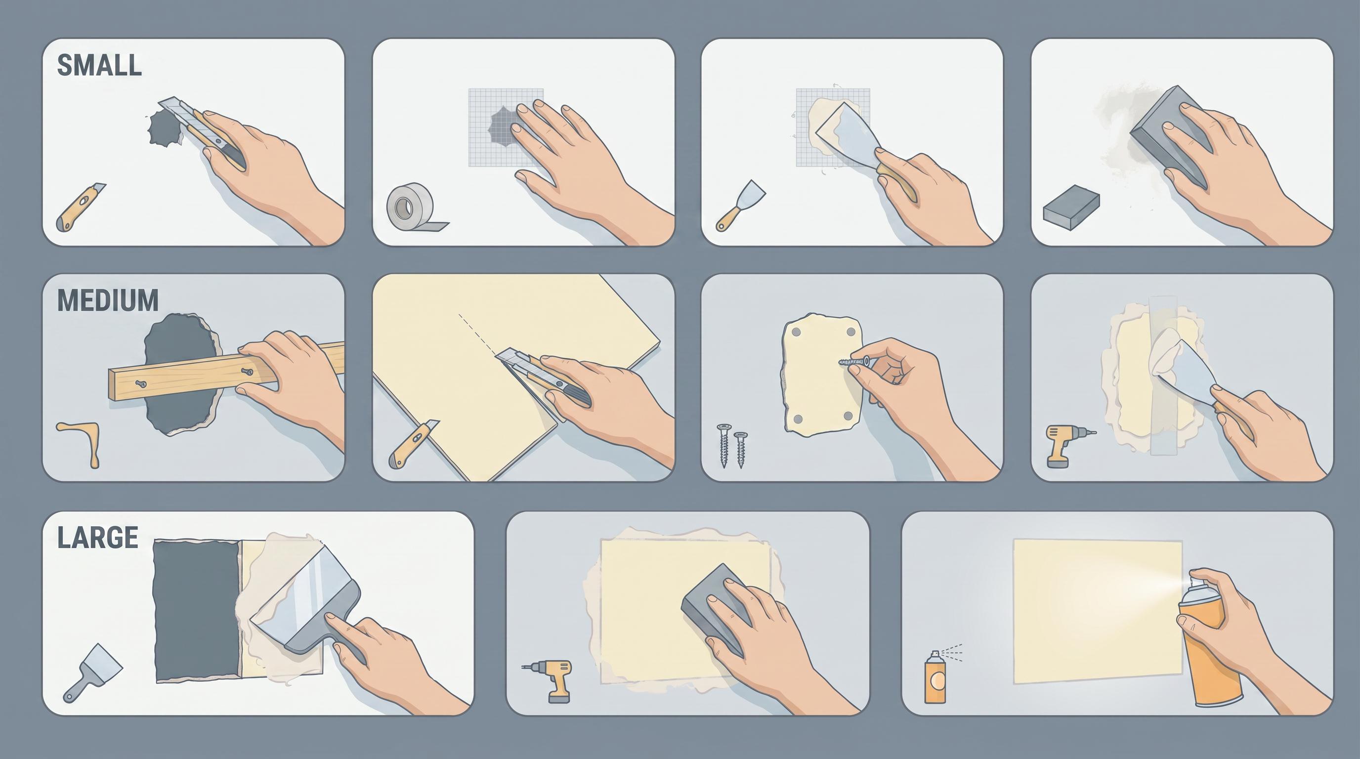 Illustration showing step-by-step drywall repair for small, medium, and large holes, including cleaning, patching, applying compound, sanding, and finishing with texture and paint.