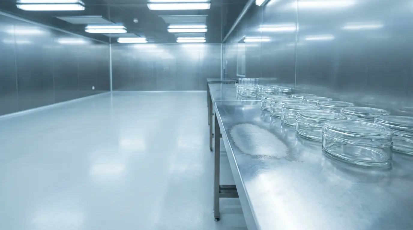 Sterile laboratory with stainless steel surfaces and empty glass petri dishes in bright lighting