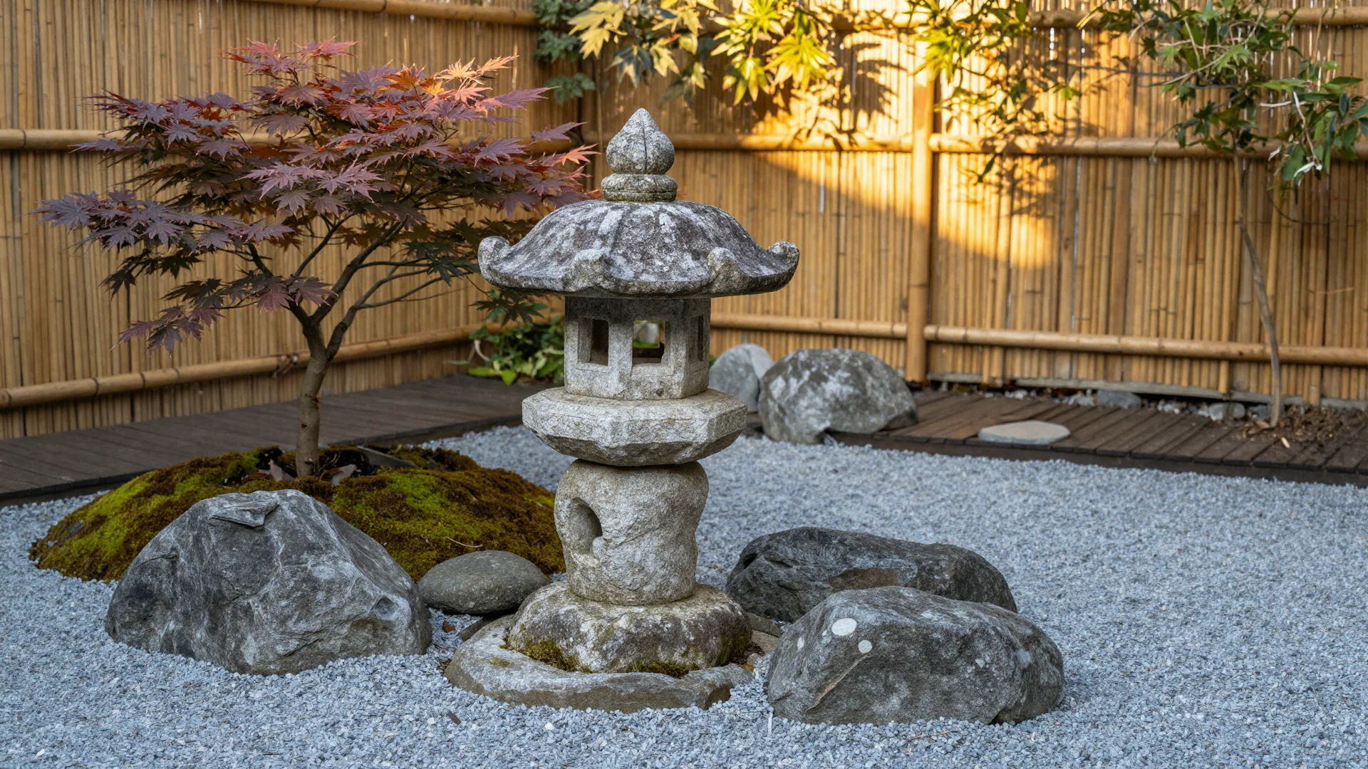 A traditional Japanese stone lantern stands in a raked gravel bed, surrounded by smooth rocks and a small Japanese maple tree.