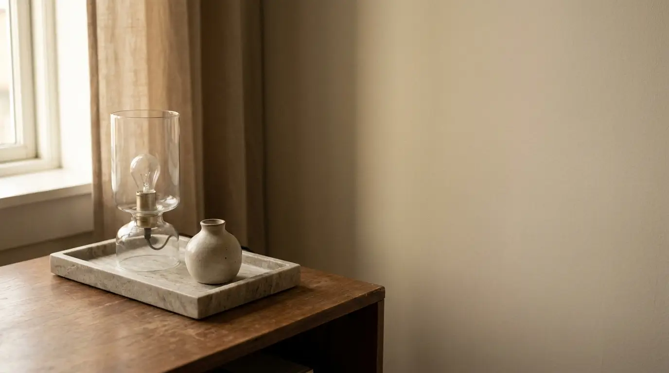 Glass lamp and small ceramic vase on wooden table in softly lit room