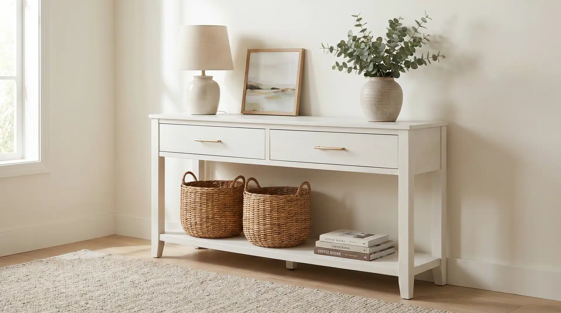 White wooden storage console table with drawers and a bottom shelf holding two woven baskets, styled with a lamp and vase.