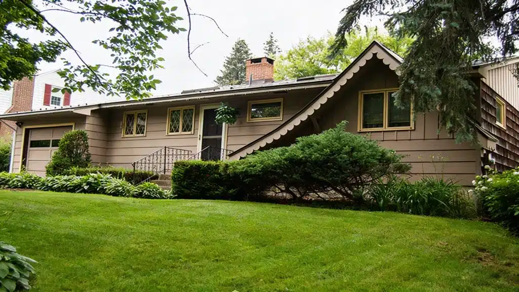 A storybook ranch house with brown wood siding, white scalloped trim, a stone chimney, and a sloping green lawn.