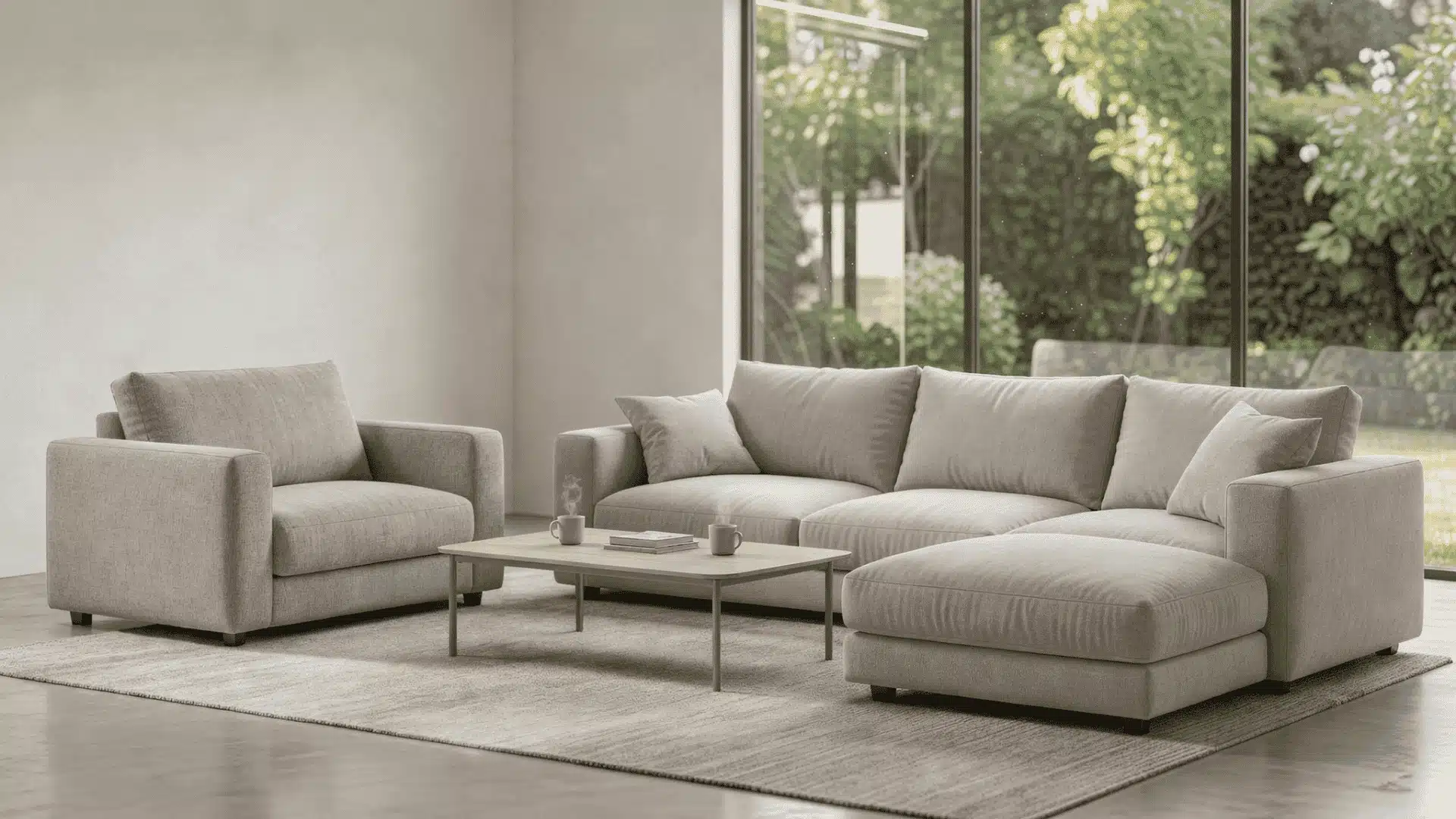 Straight sofa seating beside a couch with extended chaise lounging section