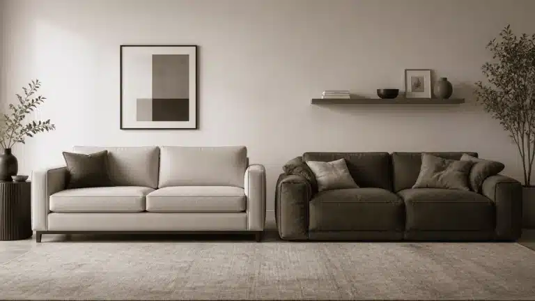Structured sofa beside a soft couch in a modern living room setting