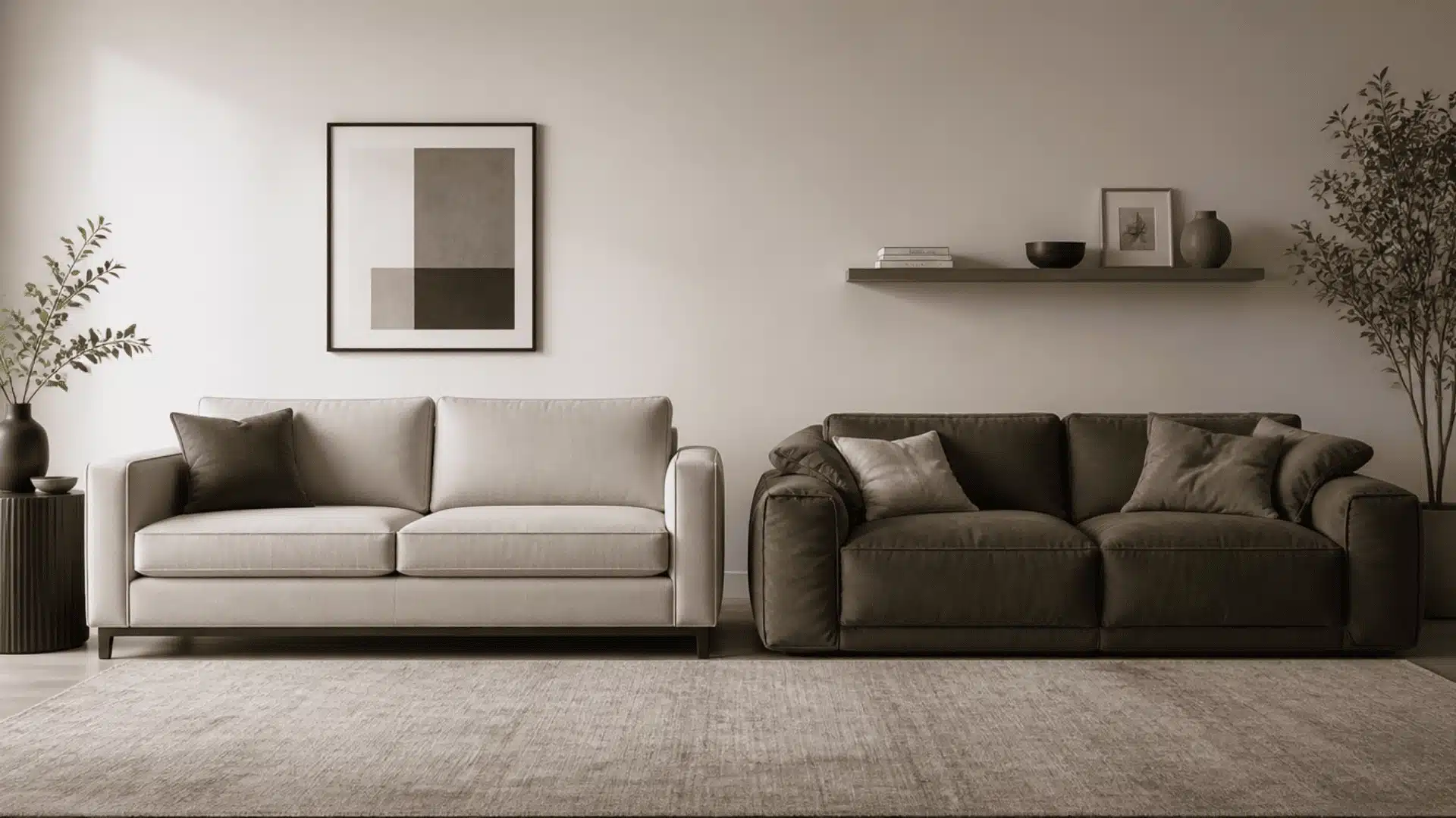 Structured sofa beside a soft couch in a modern living room setting