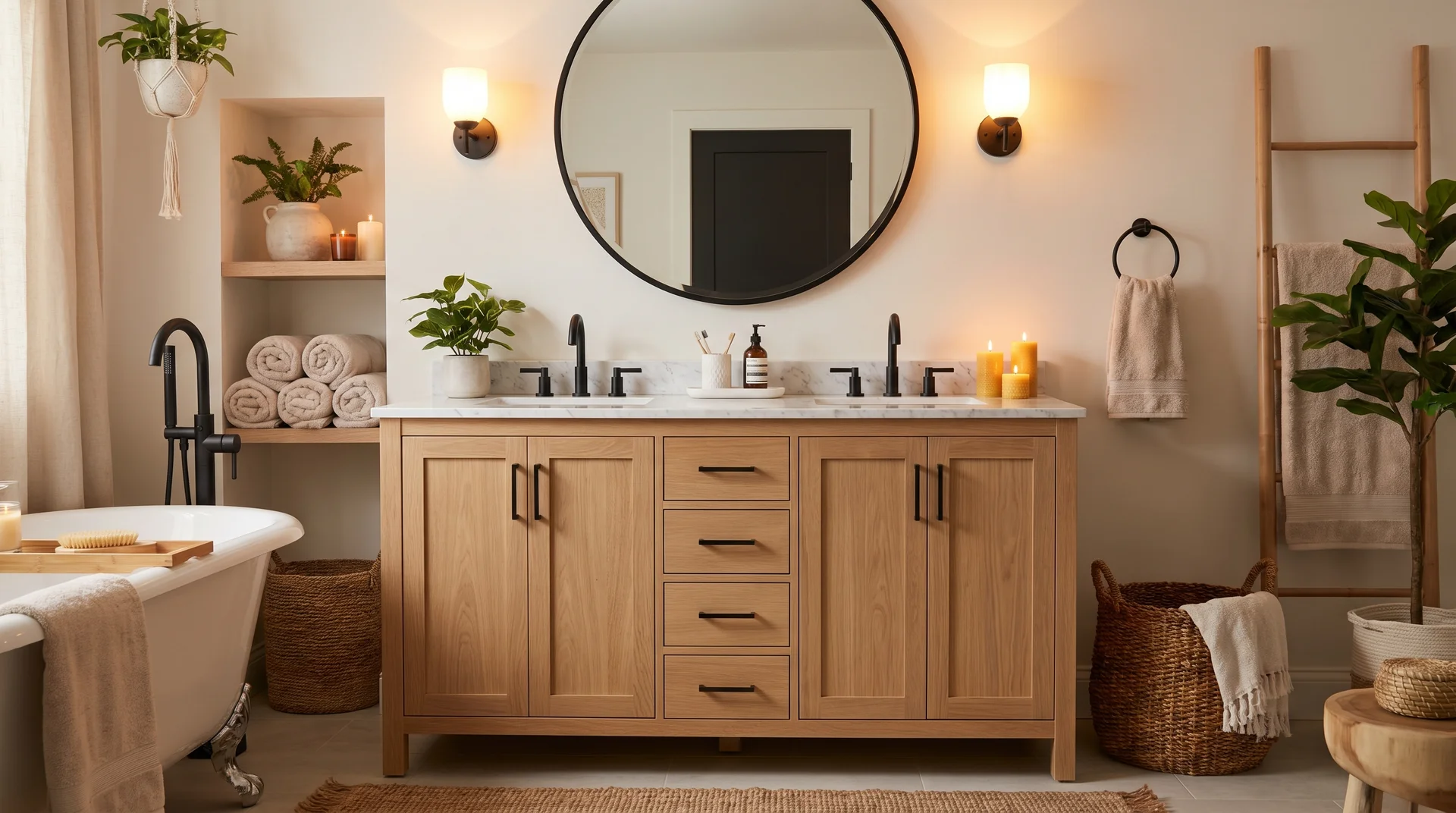 Bathroom with wooden vanity, marble countertop, and black faucets.