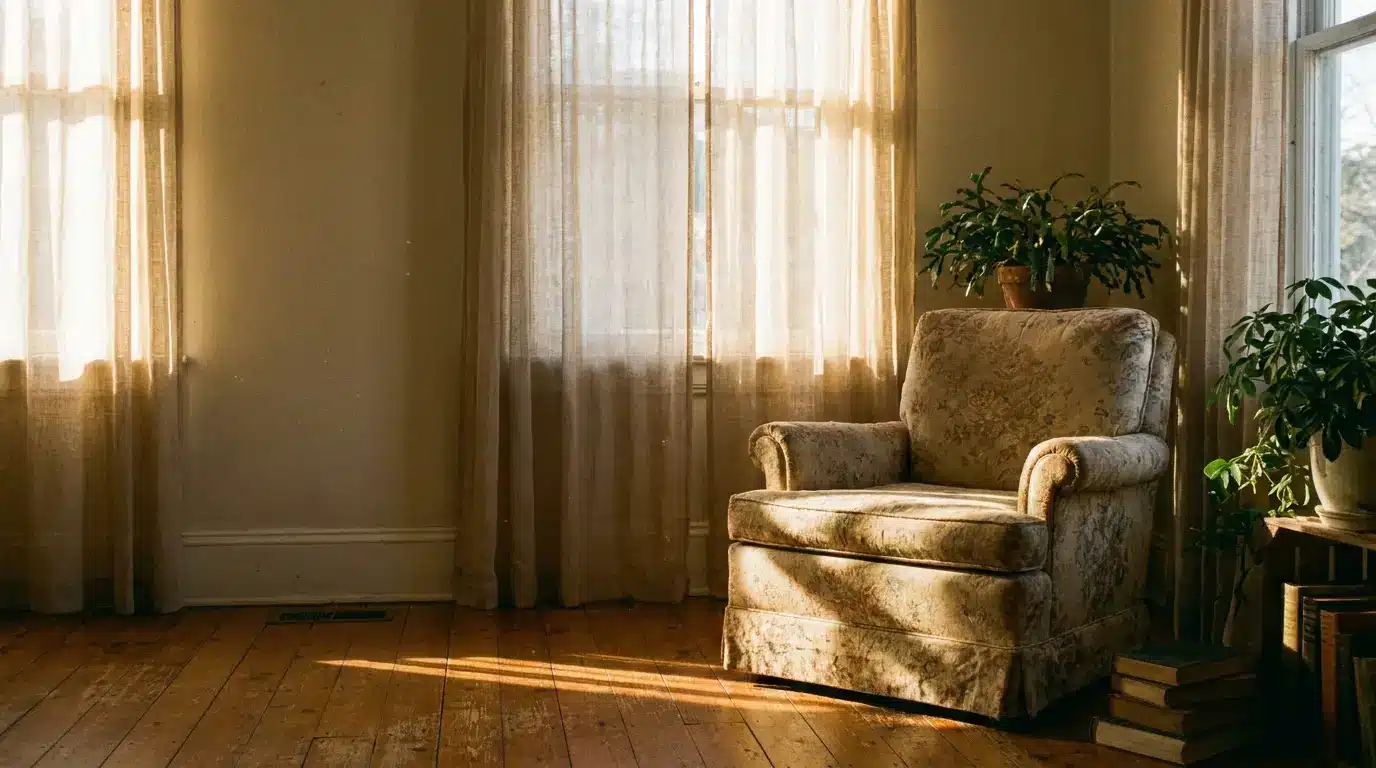 Vintage armchair surrounded by potted plants in sunlit room with wooden floor
