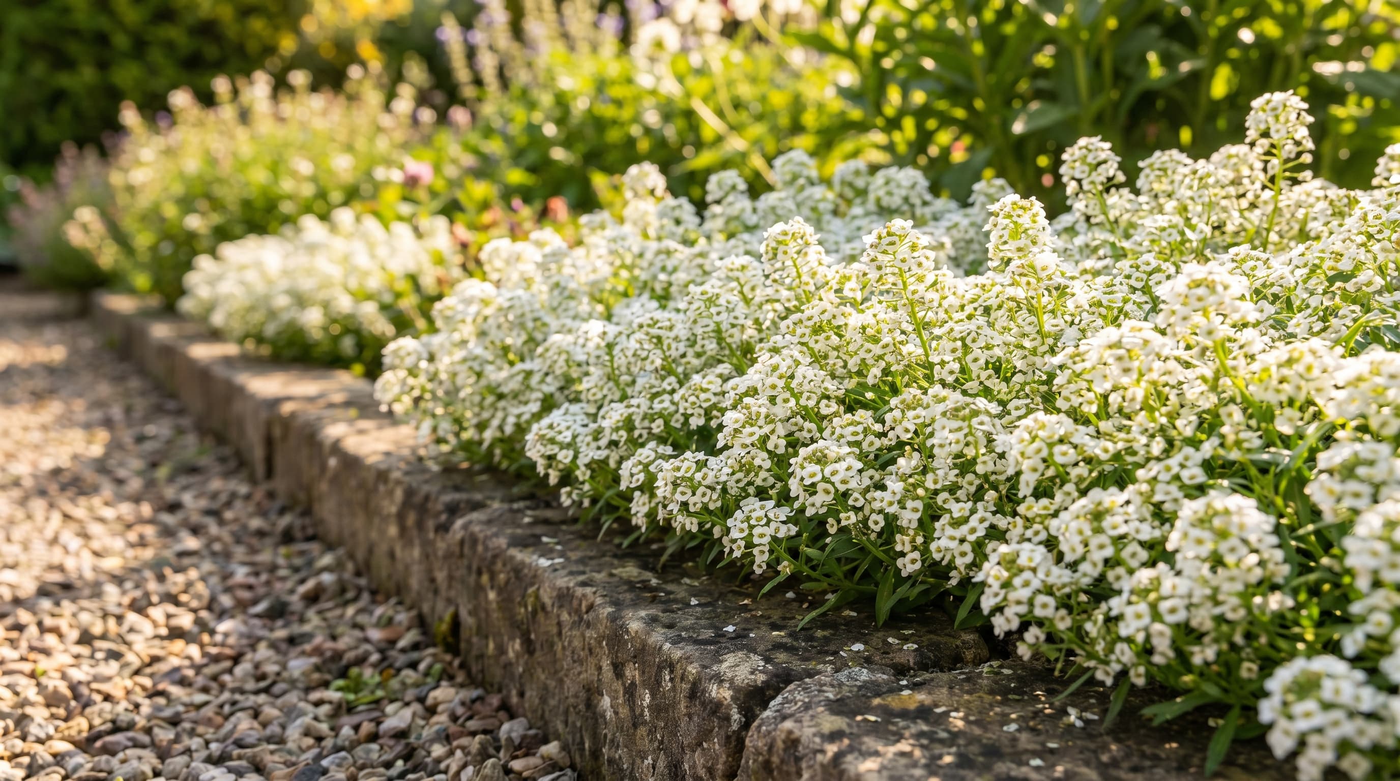 White sweet alyssum flowers lining a sunlit stone garden border.