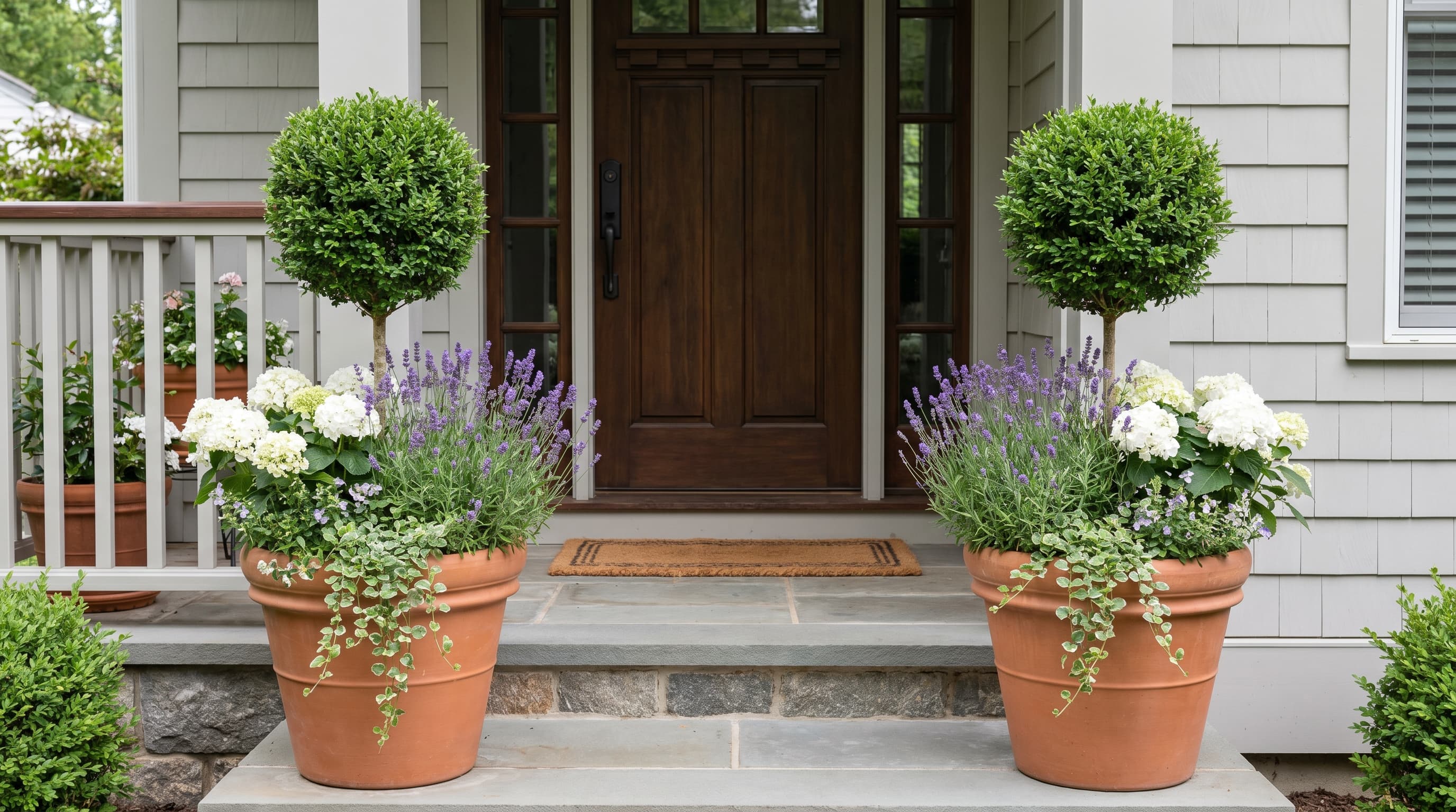 Front porch curb appeal ideas featuring tall matching planters flanking the front door