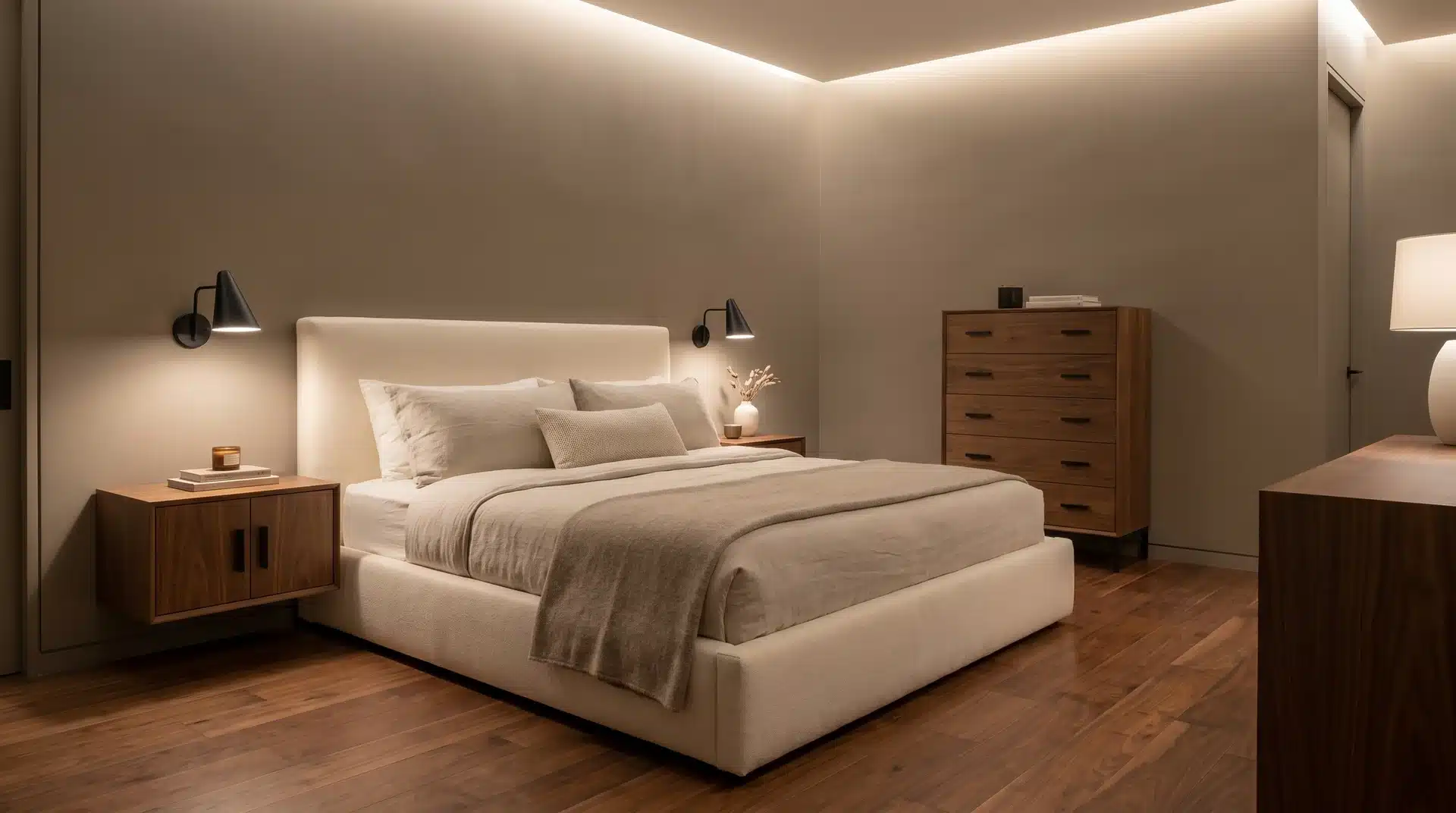 Neutral bedroom featuring warm taupe walls, a low-profile platform bed with white and beige bedding, and floating wooden nightstands.