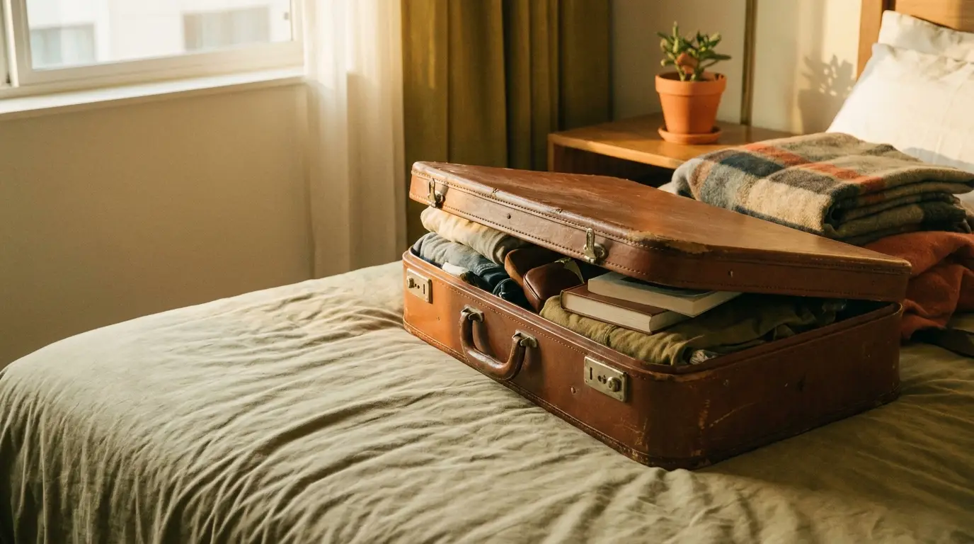 Open vintage suitcase filled with clothes and books on a bed in softly lit room
