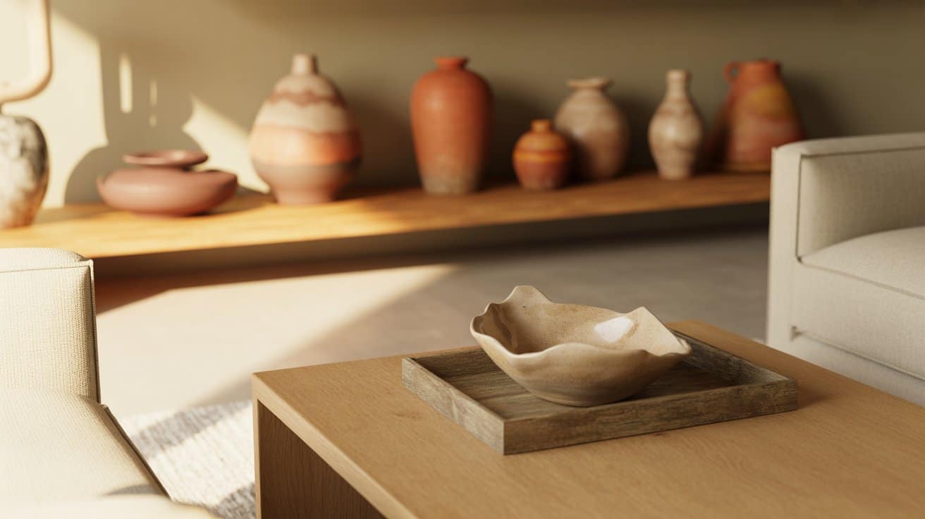 Living room featuring terracotta pots, a rough-edged ceramic bowl, and a wooden tray, showcasing wabi-sabi decor that adds warmth, imperfection, and timeless style.
