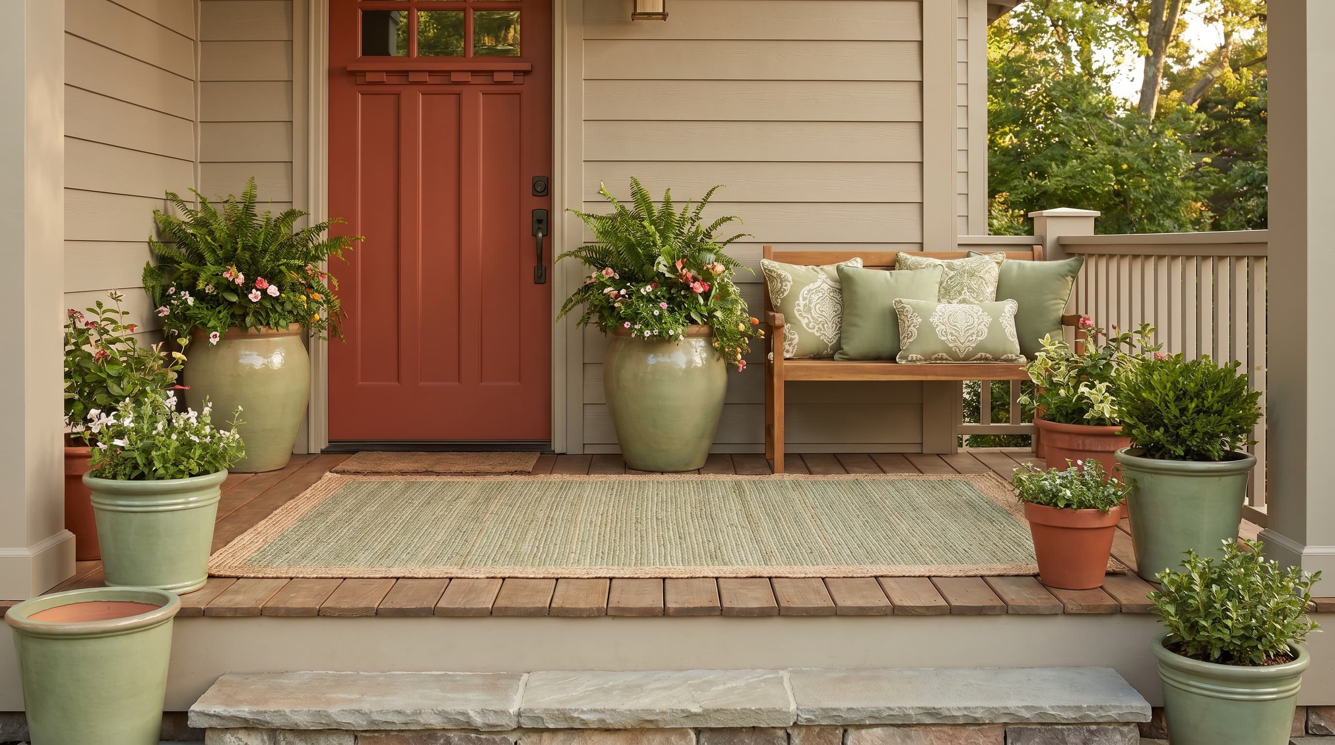 Front porch color ideas featuring a terracotta-painted door, sage-green planters, and warm beige siding.