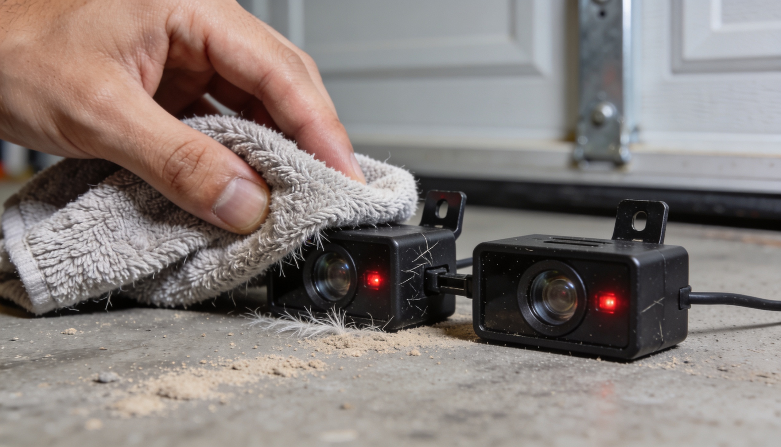 Cleaning garage door safety sensors with a cloth to remove dust and debris.