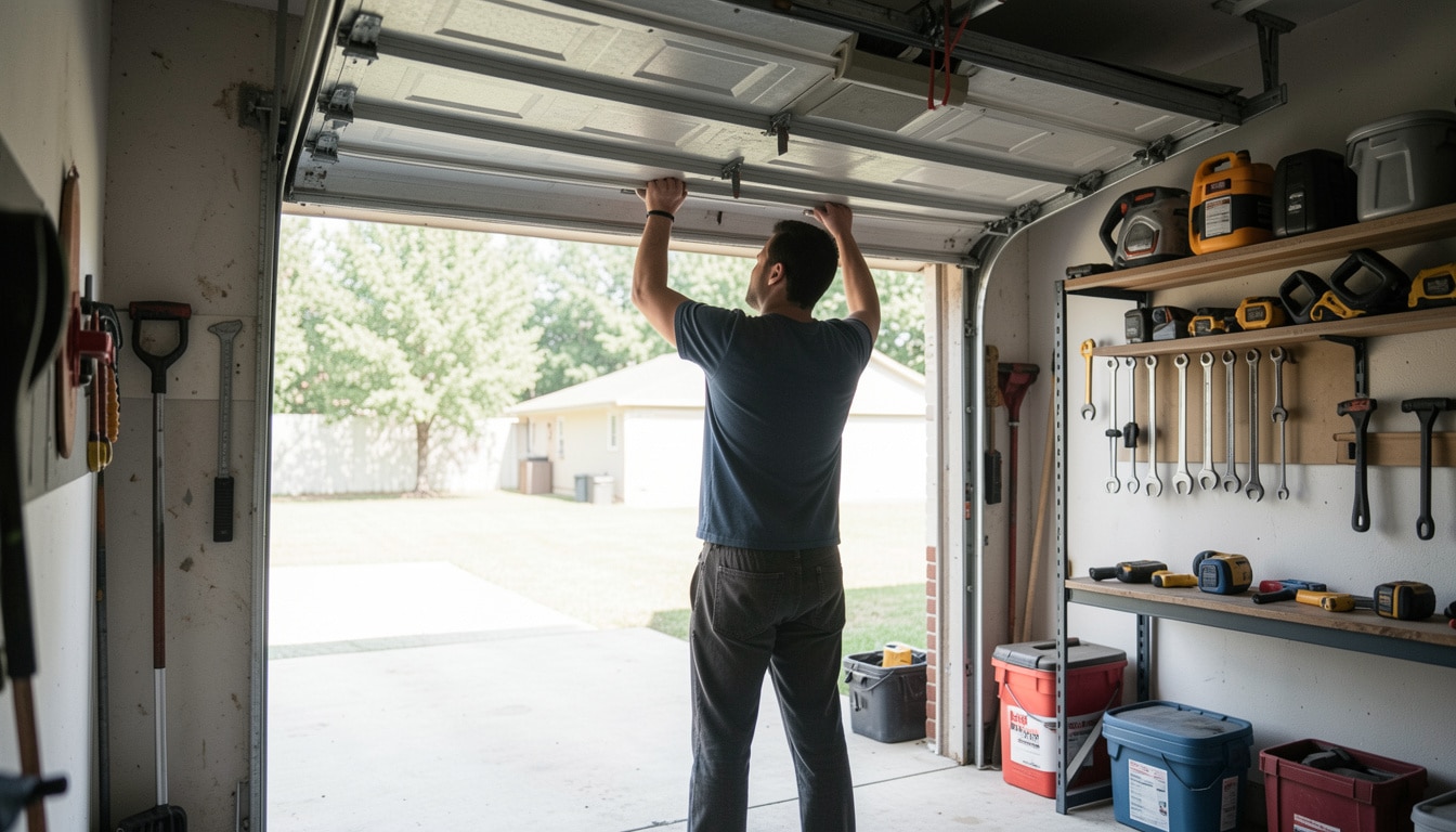 Man manually testing garage door balance inside a residential garage.