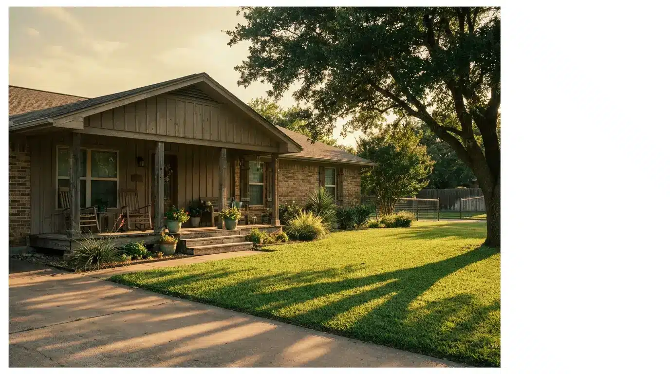 Brick house with porch and rocking chairs in sunny backyard surrounded by trees and plants