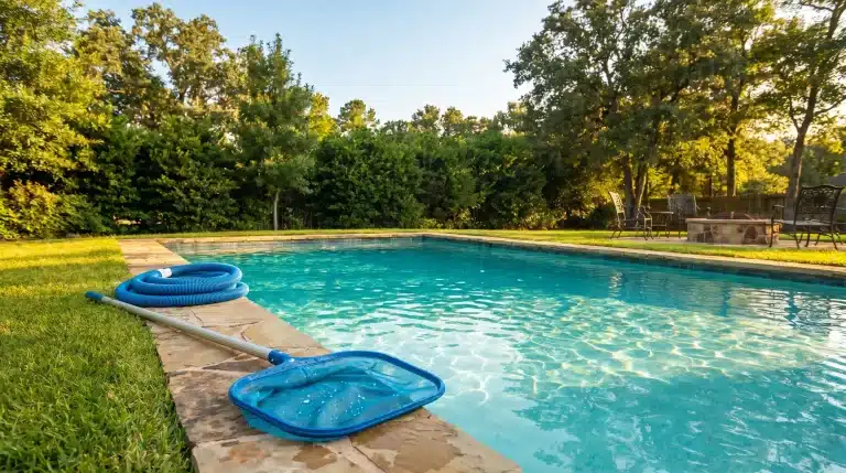 Pool skimmer and hose near outdoor swimming pool surrounded by trees at sunset