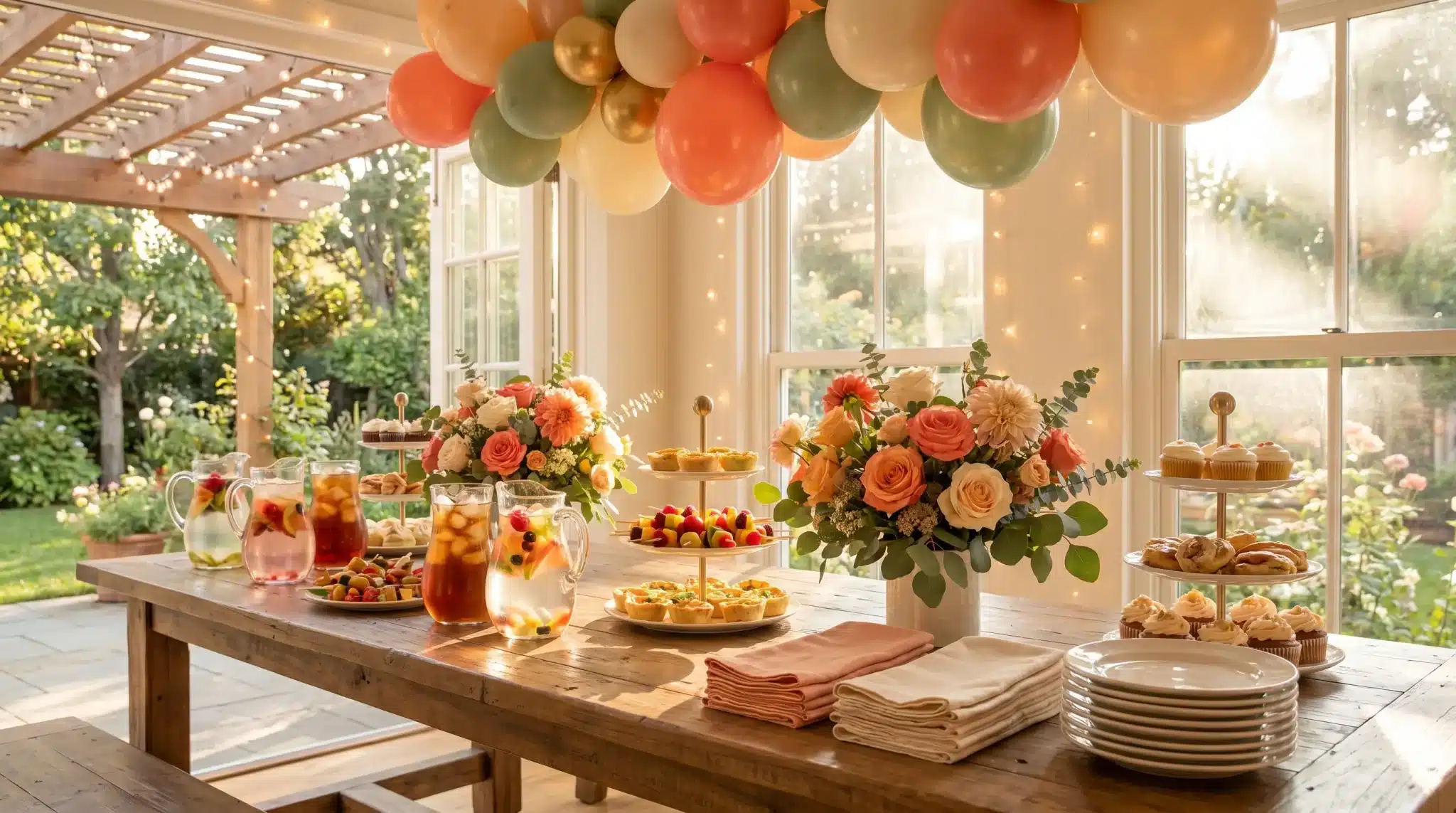 Outdoor garden party setup with dessert table, floral arrangements, and colorful balloons under warm lighting