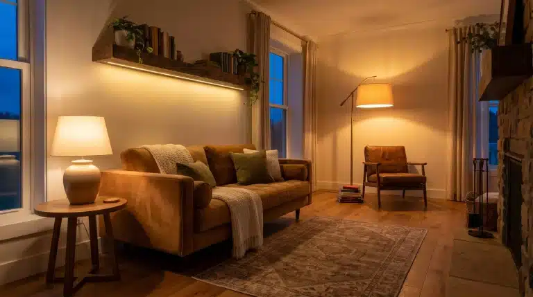 Cozy living room with brown sofa, warm lighting, and wooden accents in the evening ambiance