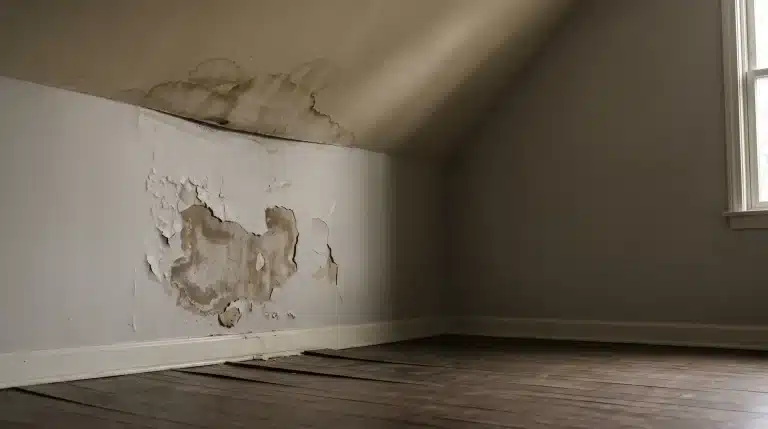 Peeling paint and water stains on slanted attic wall with wooden floorboards