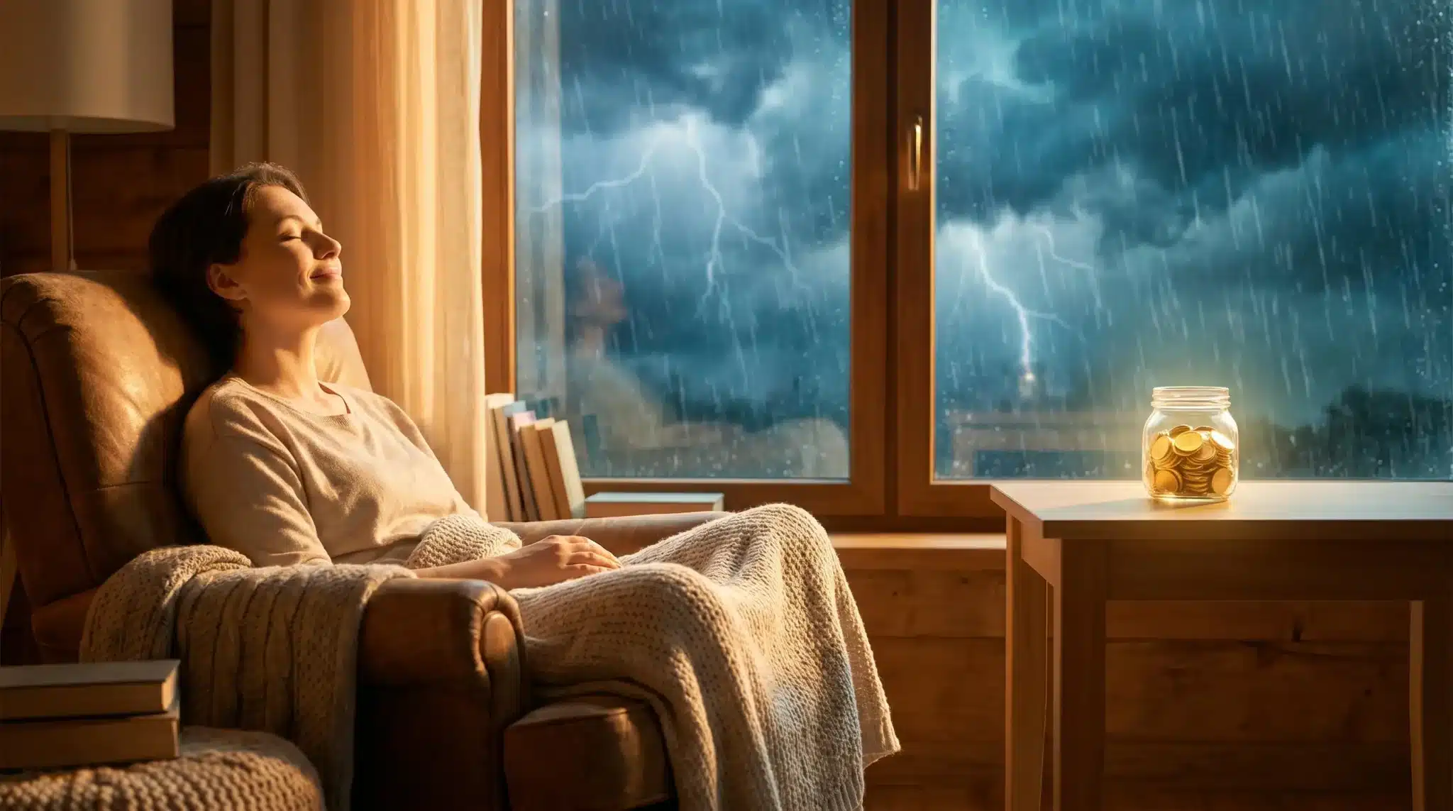 Woman relaxing in armchair by window with storm outside and jar of coins on table