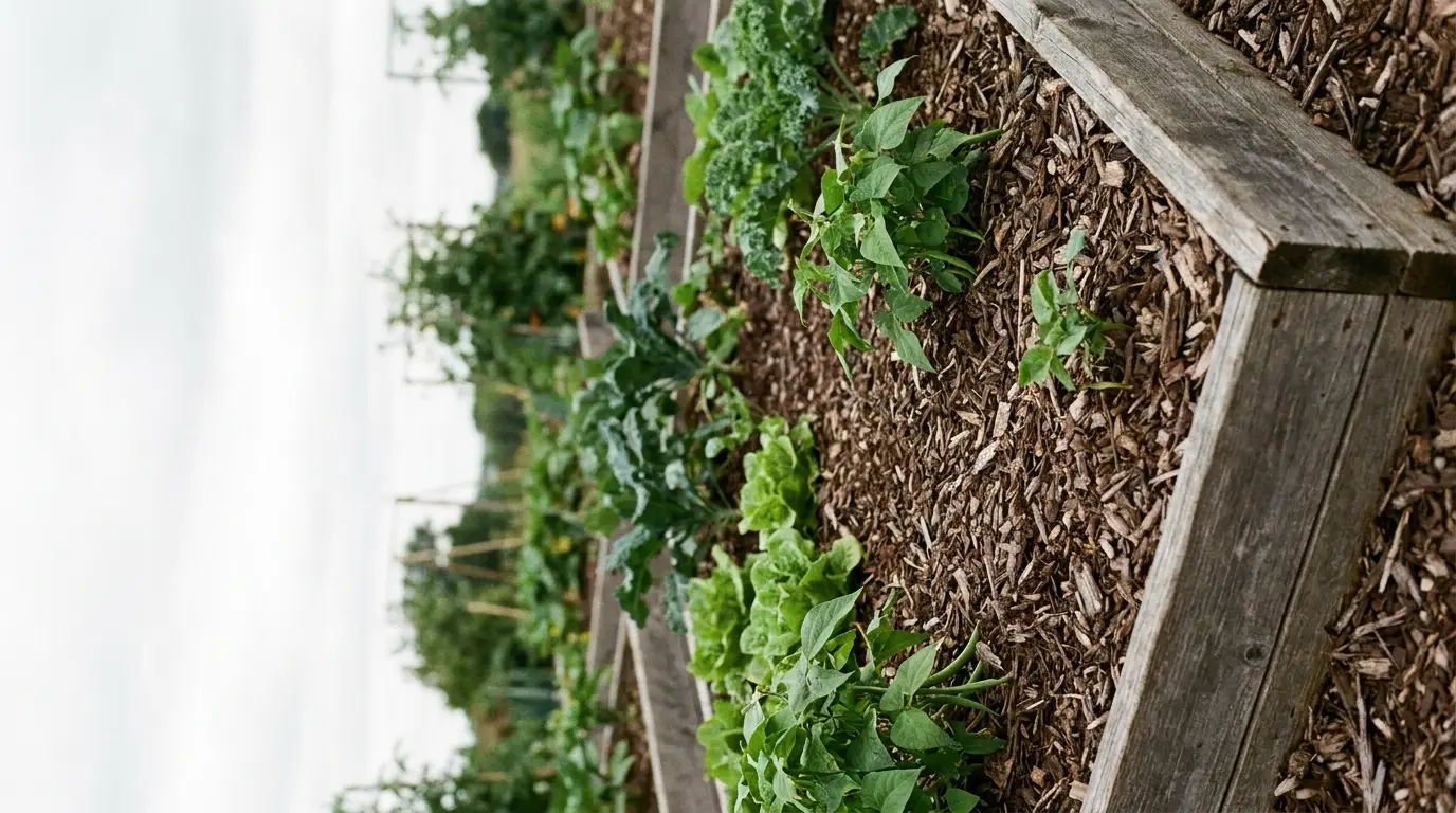 Vegetables growing in raised garden beds outdoors with wood mulch and overcast sky