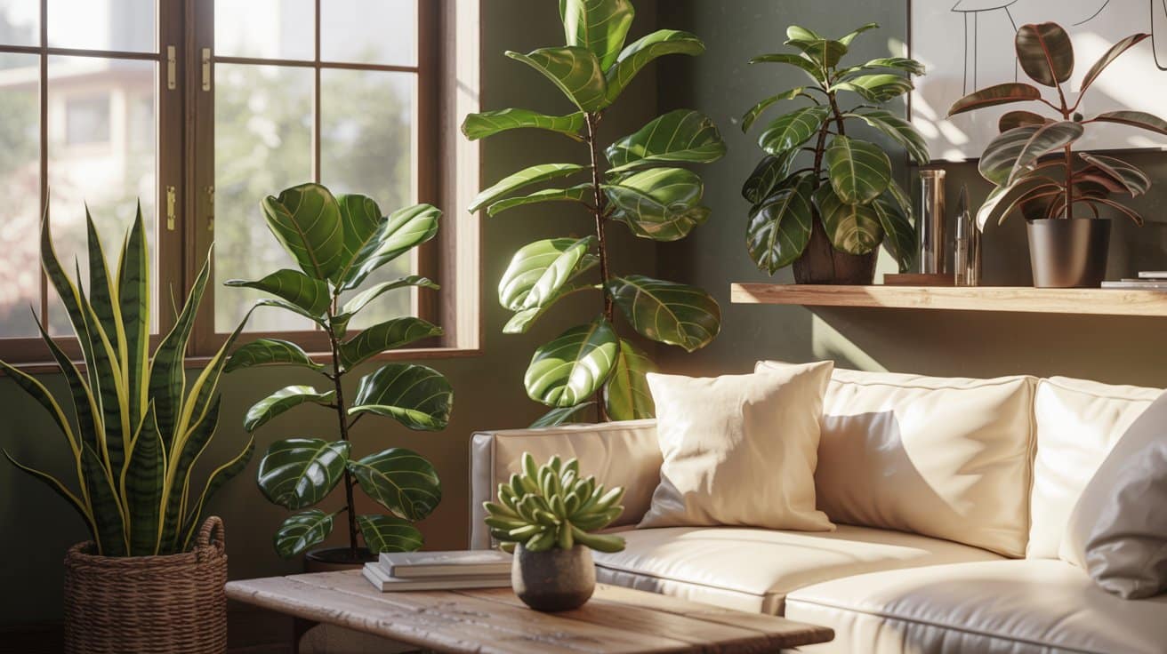 Living room with a tall floor plant, a medium shelf plant, and a small tabletop plant, creating layered greenery and visual interest while complementing the space.
