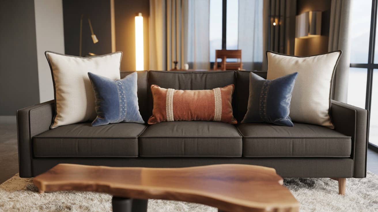 Three-seat sofa with two large square pillows, two medium accent pillows, and a central lumbar pillow in varied textures and patterns, creating a curated and inviting living room setup.