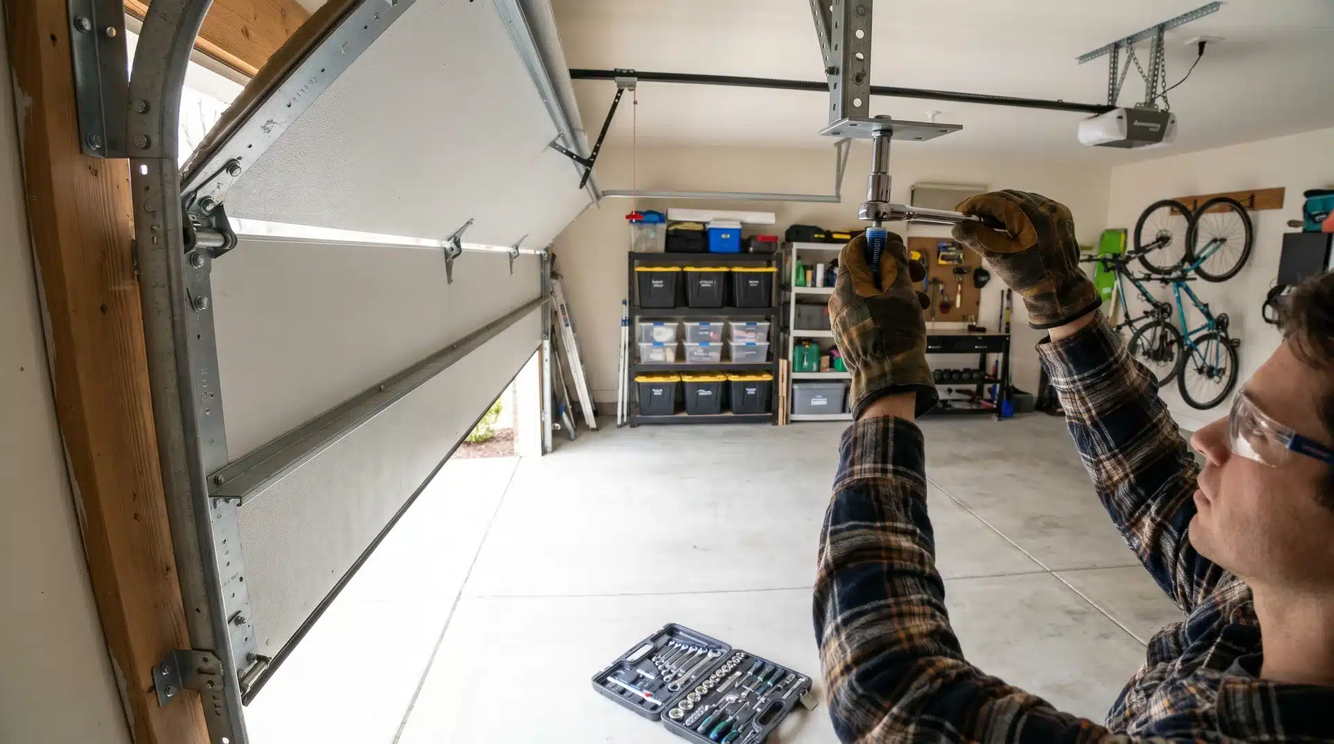 Person using socket wrench to tighten garage door bolts and brackets.
