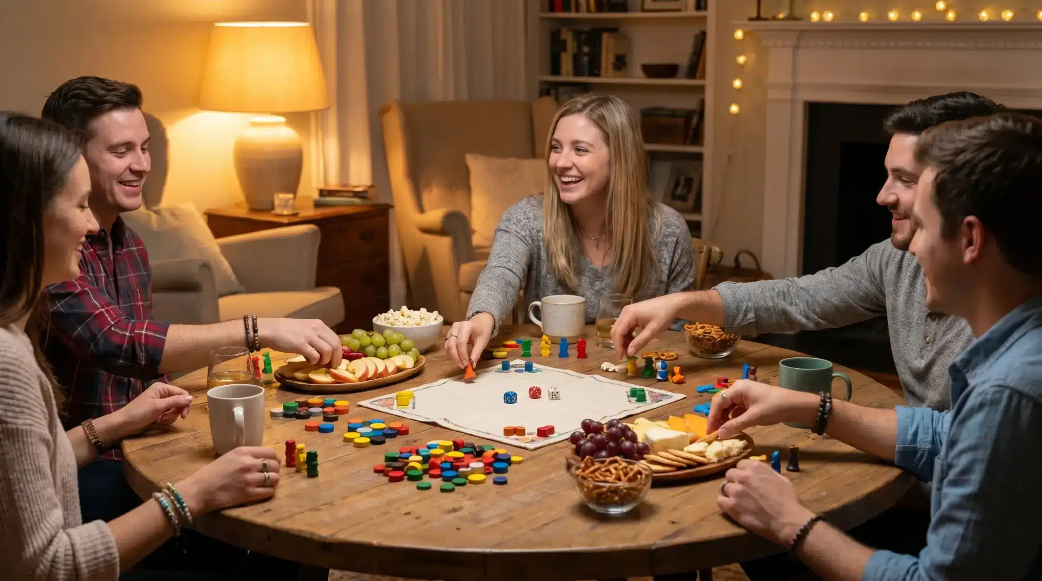 Group of friends playing a board game at a wooden table with snacks in cozy living room