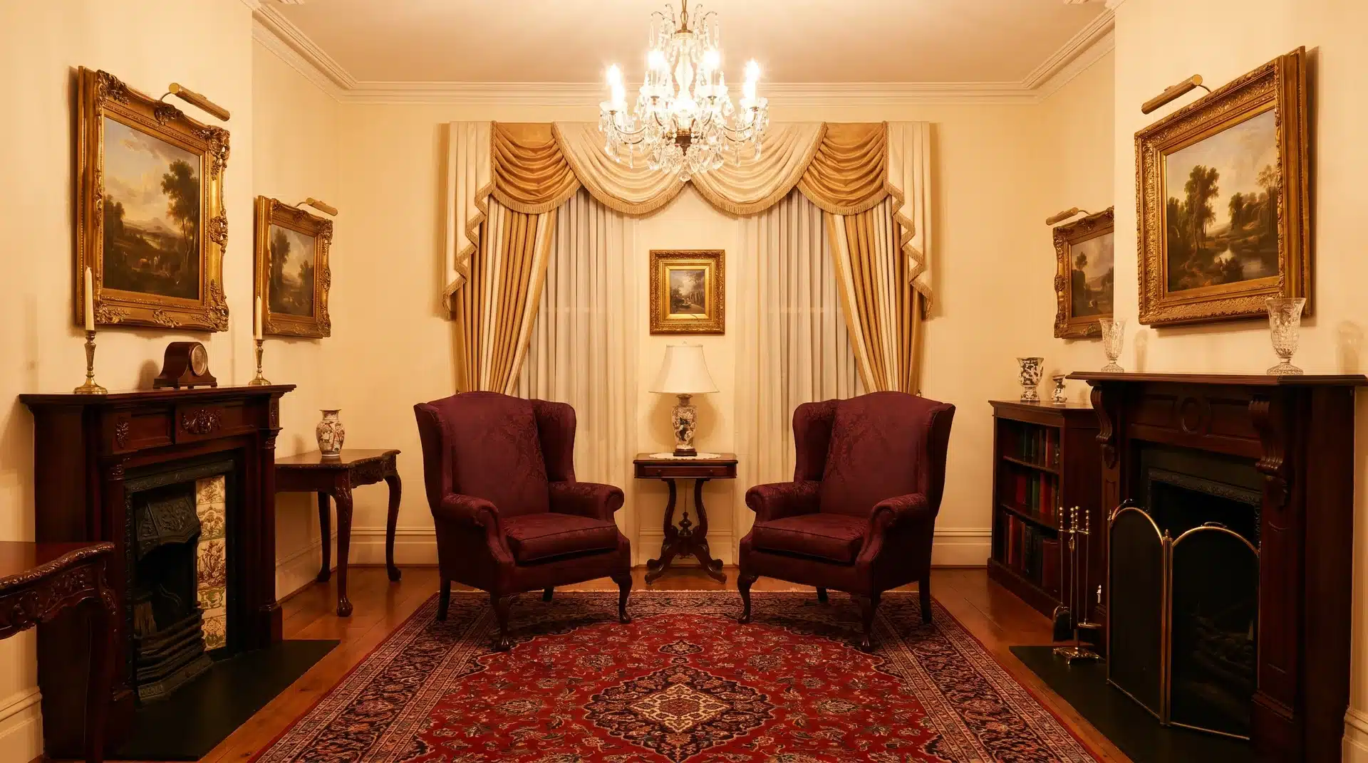 ormal traditional room with symmetrical dark wood furniture, two red armchairs, a chandelier, and framed art.