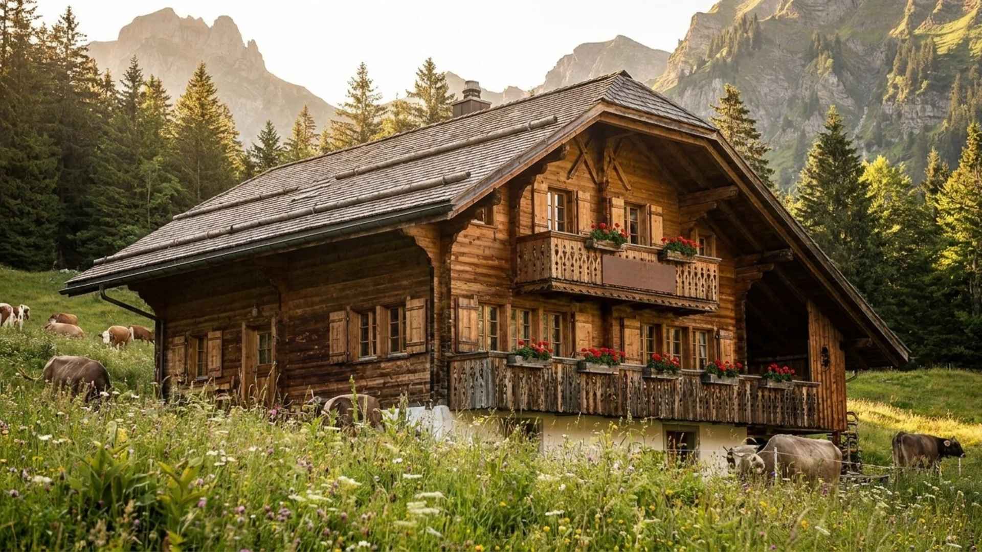 Alpine chalet with timber balconies and wildflower meadow, surrounded by cows and mountains.